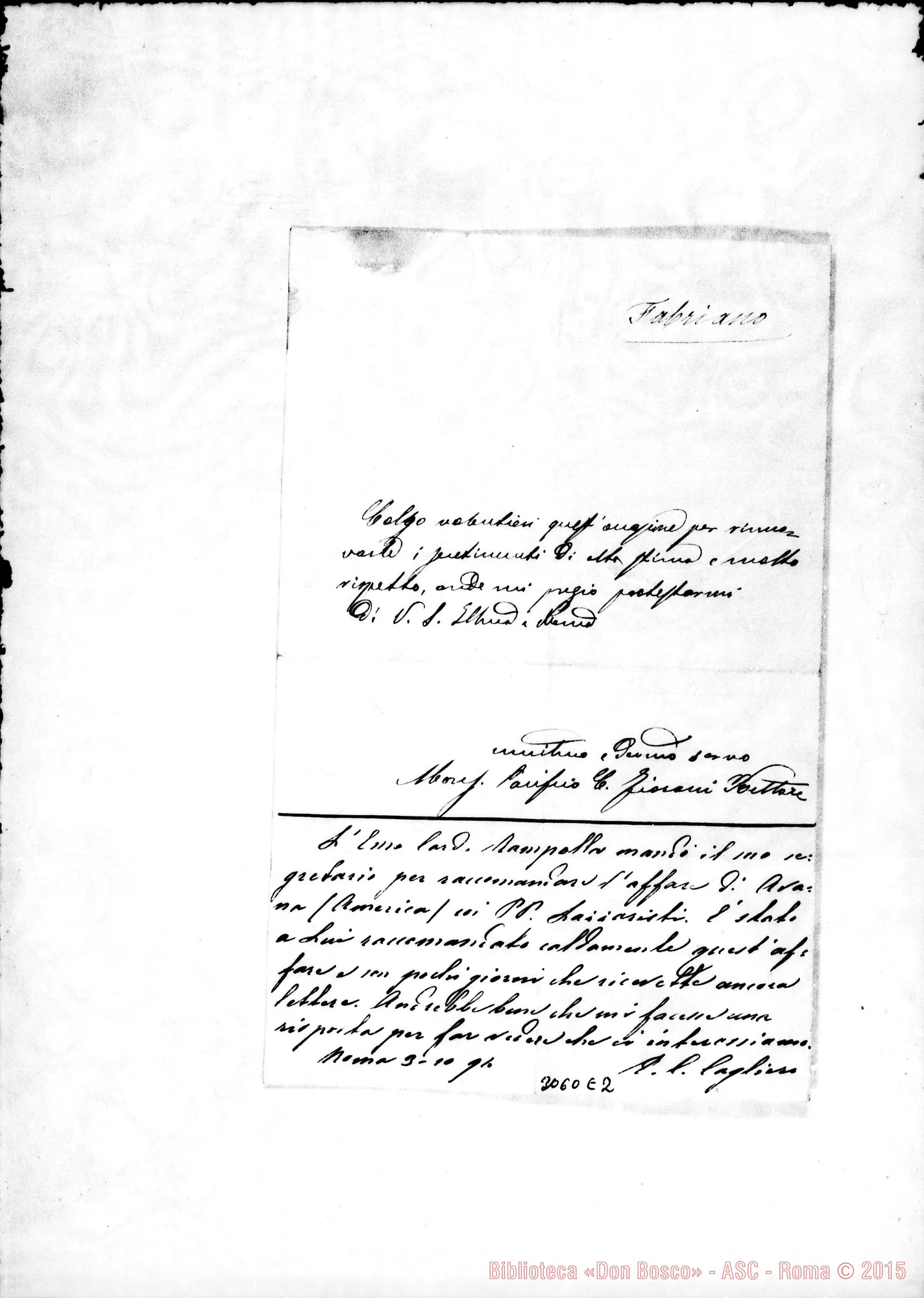 Fotogramma E 2 — Fabriano: Mons. Pacifico Fiorani, Rettore. Rev. Signore. 11-09-1894