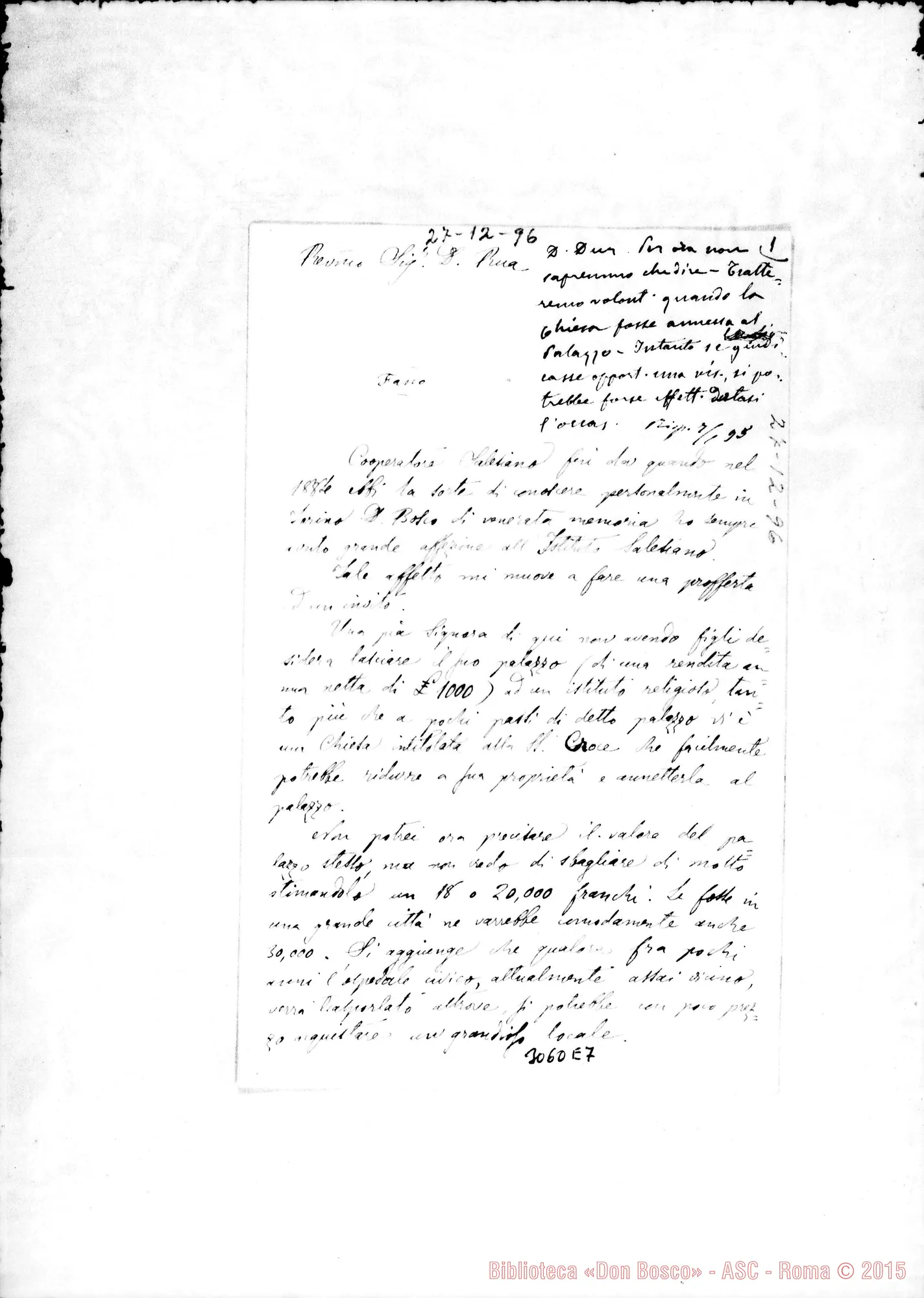 Fotogramma E 7 — Fano: Francesco Masetti, sac. - D. Rua. Fano, 27-12-1894. Autogr. Rua