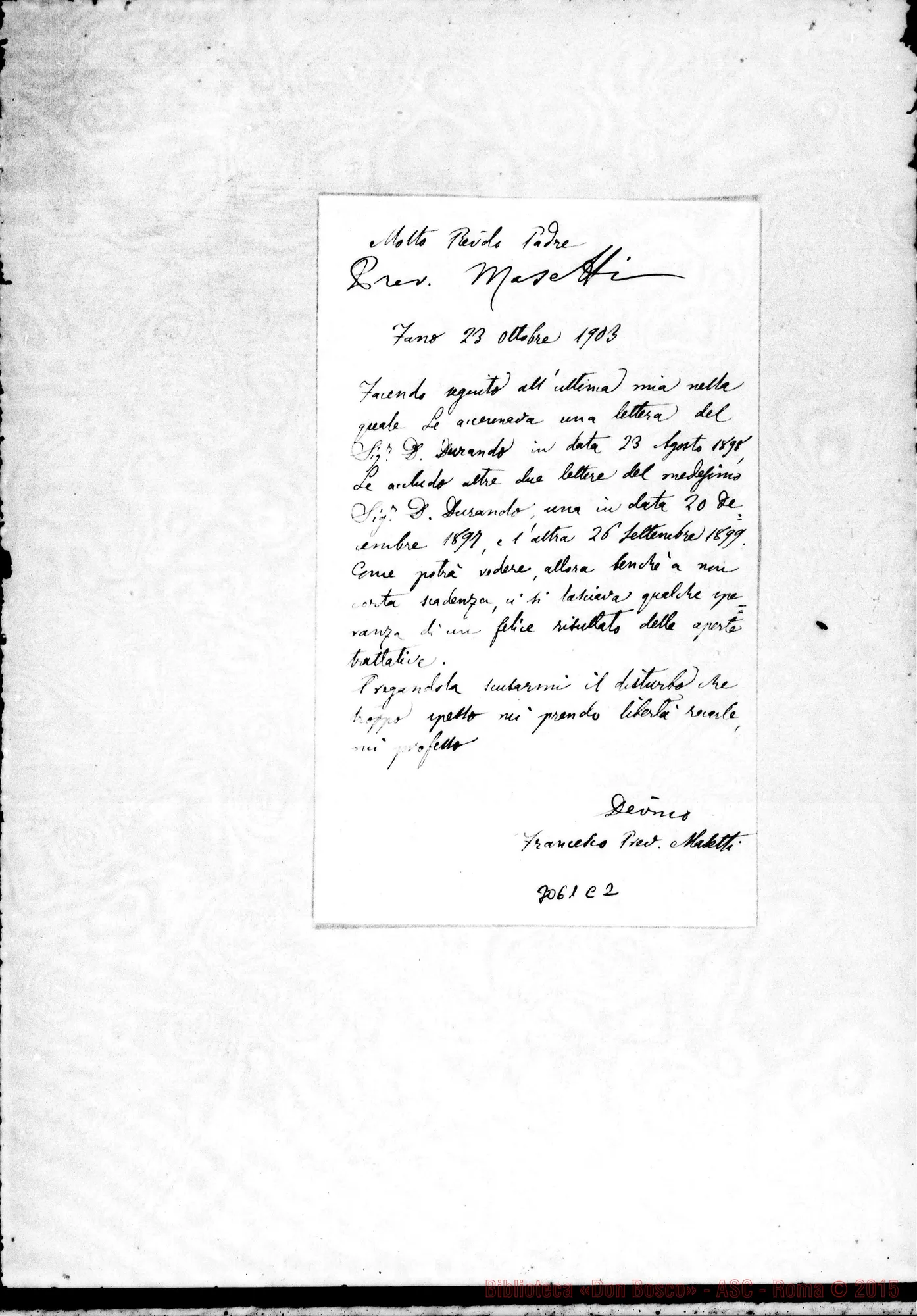 Fotogramma C 2 — D. Francesco Masetti - Rev.do Padre. Fano, 23-10-1903