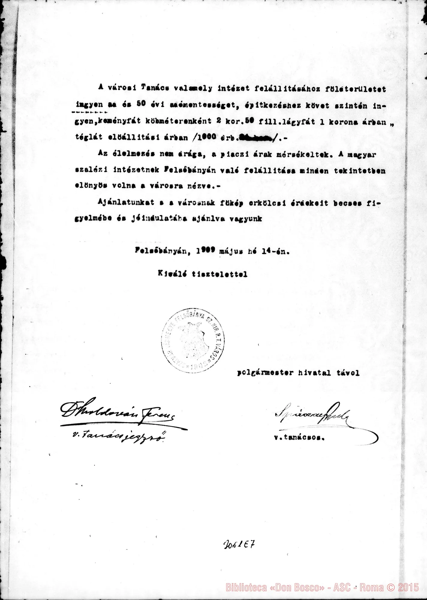 Fotogramma E 7 — Felsobànya: Lettera A D. Rua, il 14-05-1909