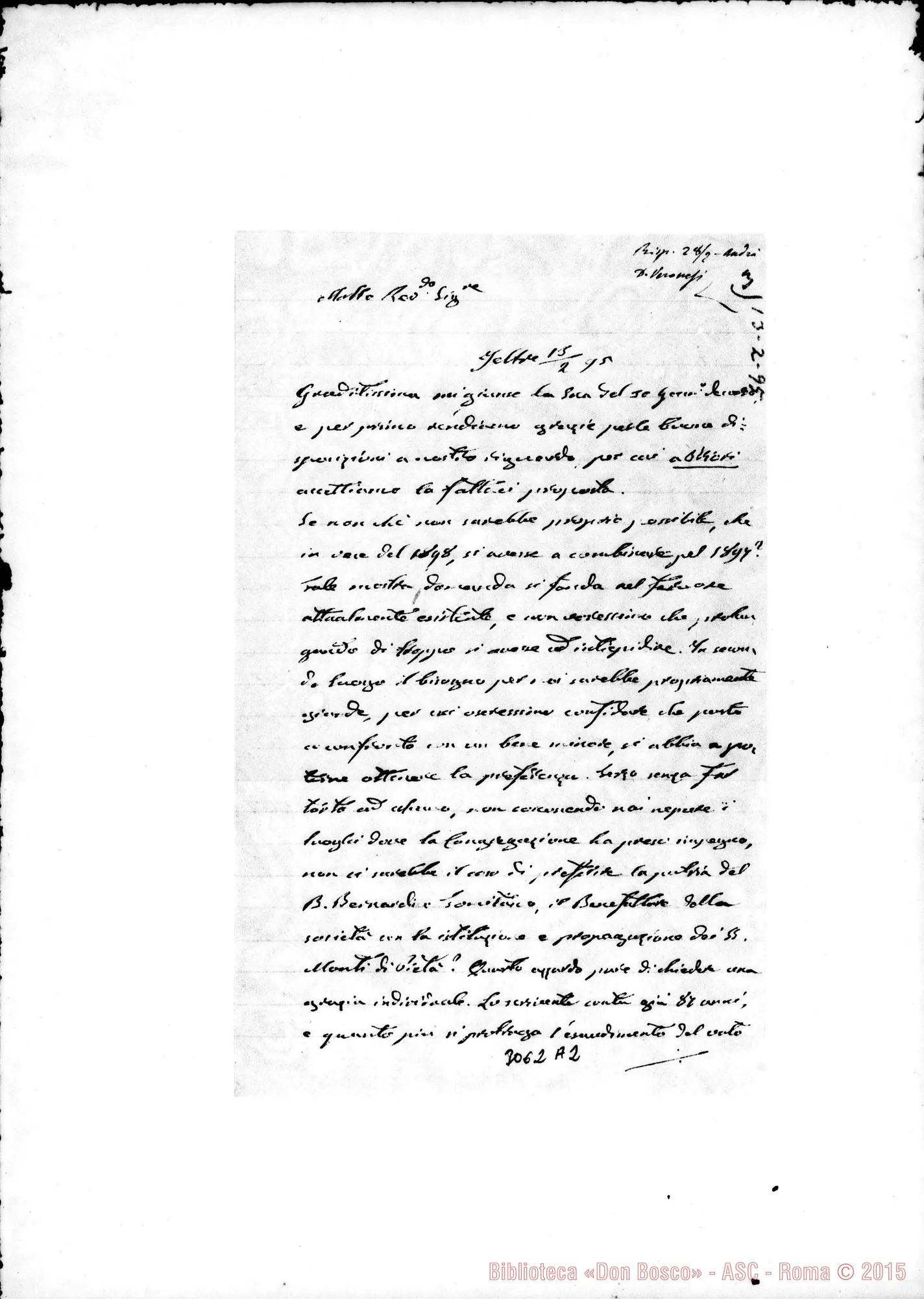 Fotogramma A 2 — D. Girolamo Rossi, can. - Rev. Signore. Feltre, 13-02-1895