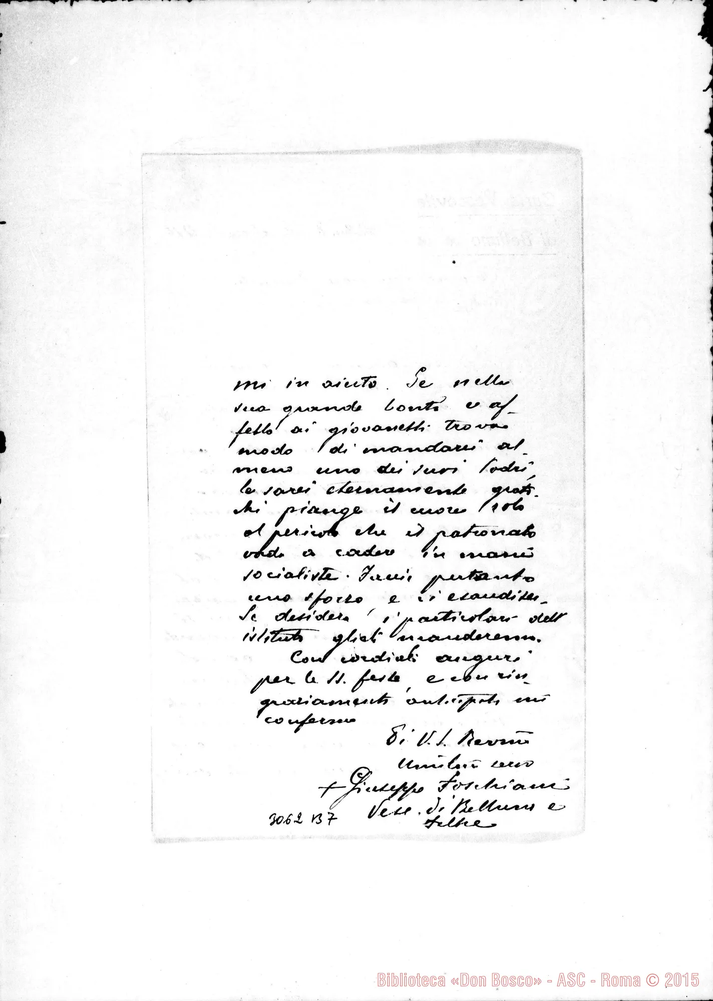Fotogramma B 7 — Giuseppe Foschiani, vesc. di Belluno - Superiore Gen.. Belluno, 24-12-1910