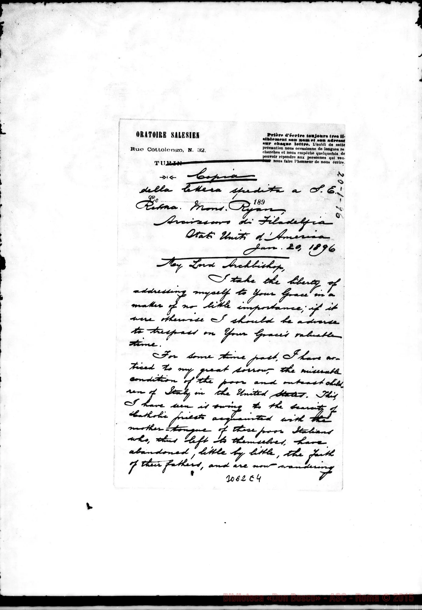 Fotogramma E 4 — Da Torino A Mons. Ryan. Copia di lettera, il 20-06-1896