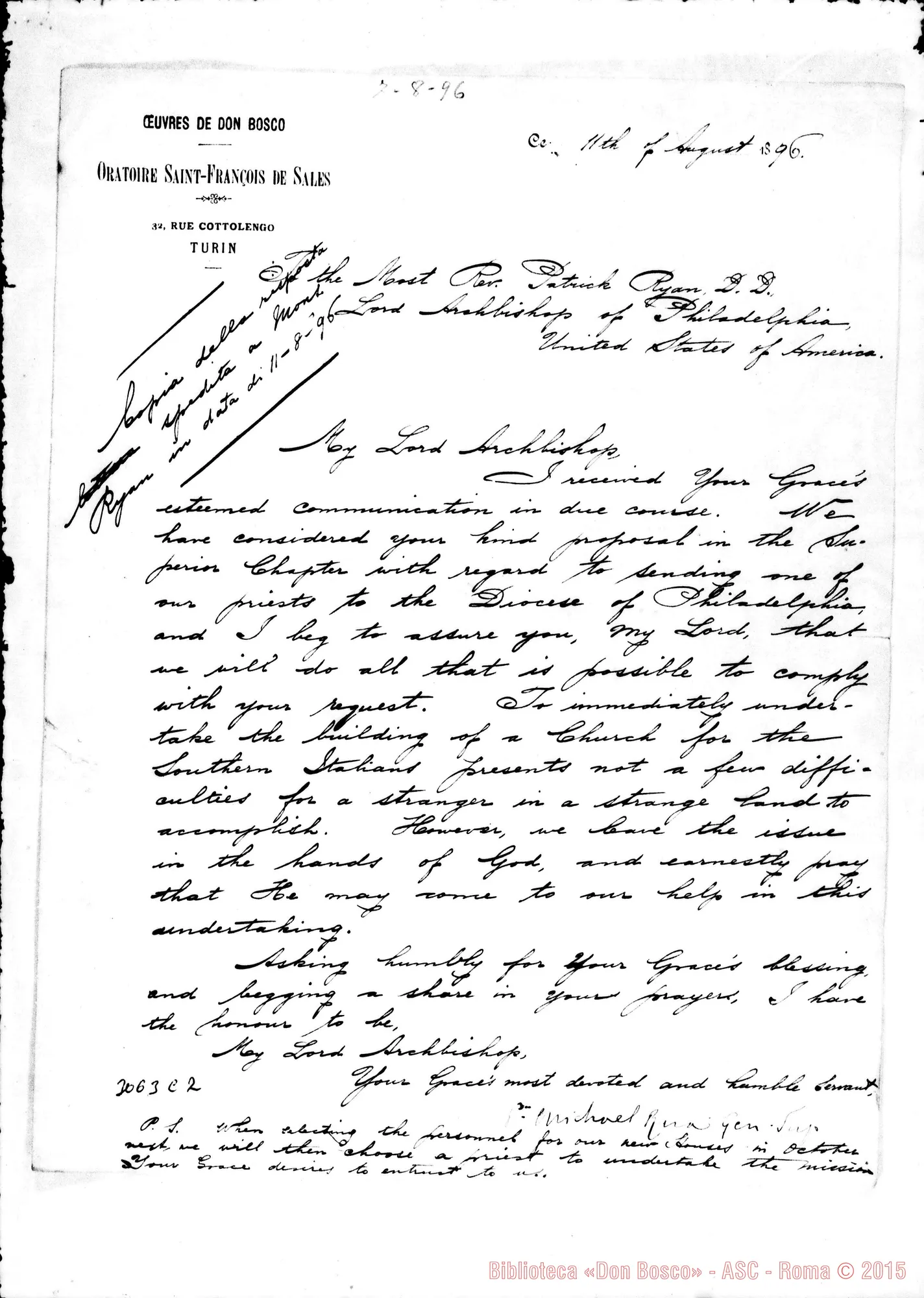 Fotogramma C 2 — D. Rua - Mons. Ryan. Copia di lettera con firma autogr. Rua. 7-08-1896