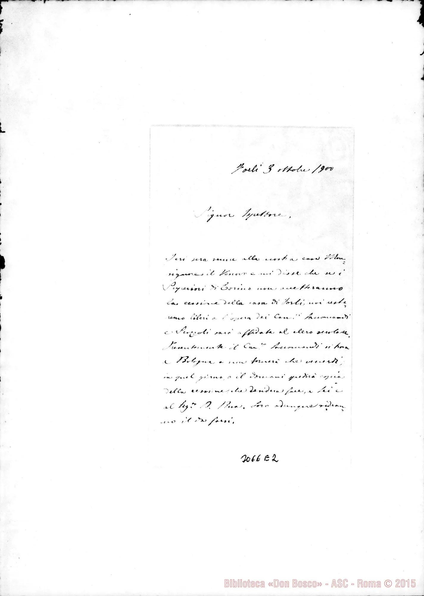 Fotogramma E 2 — D. Quartino - Sig. Ispettore. Forlì, 3-10-1900