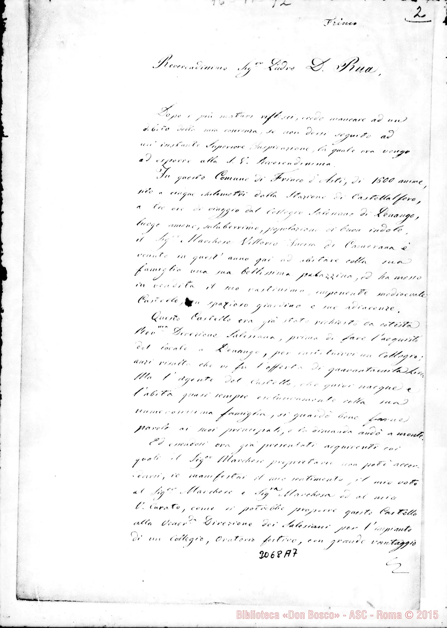 Fotogramma A 7 — Frinco d’Asti: Vittorio Incisa di Camerana - Sig. Parroco. Frinco, 8-11-1892