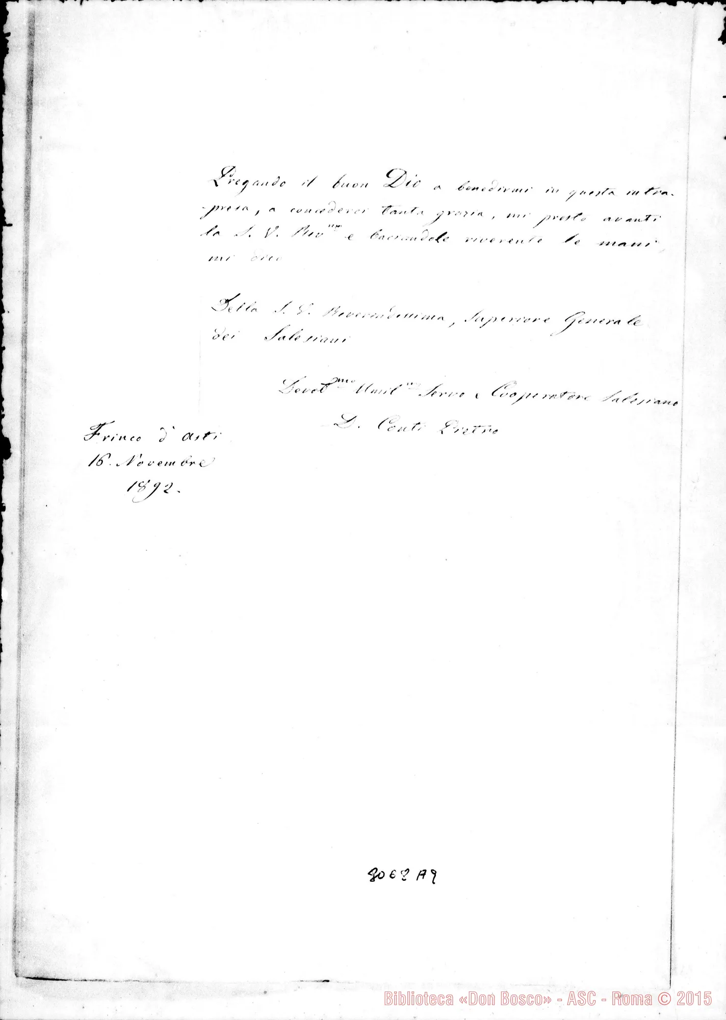 Fotogramma A 9 — Frinco d’Asti: Vittorio Incisa di Camerana - Sig. Parroco. Frinco, 8-11-1892