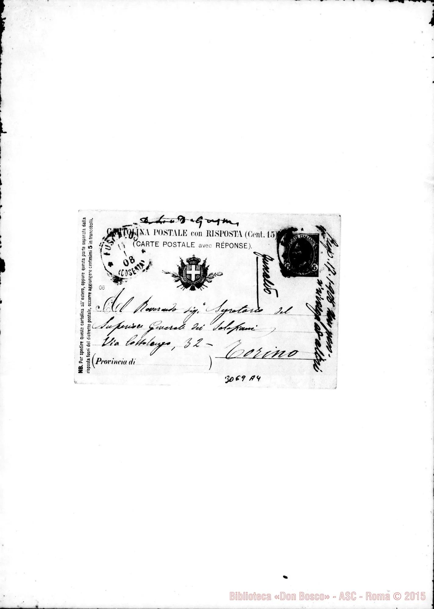 Fotogramma A 4 — D. Silvio Jannuzzi - D. Durando. Fuscaldo, 14-01-1908. Autogr. Rua