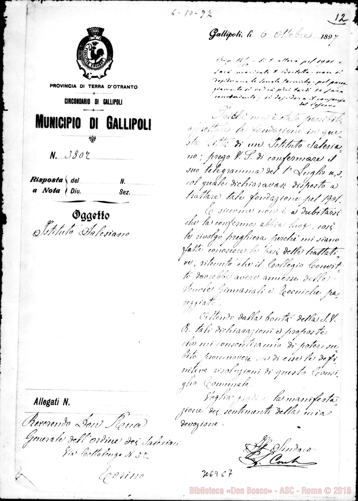 Fotogramma C 7 — Per il sindaco: Conti - D. Rua. Gallipoli, 6-10-1897
