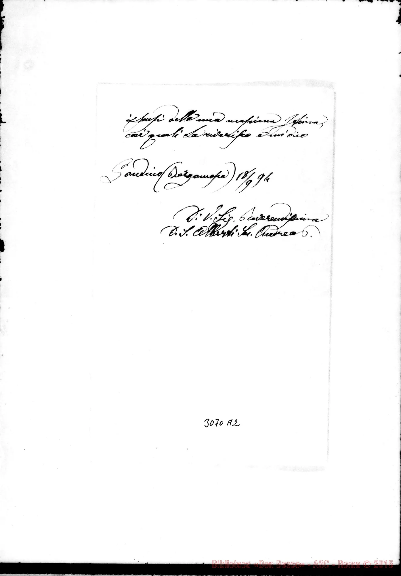 Fotogramma A 2 — Gandino: Alberti D. Andrea -Rev.mo Superiore. Gandino, 18-09-1894