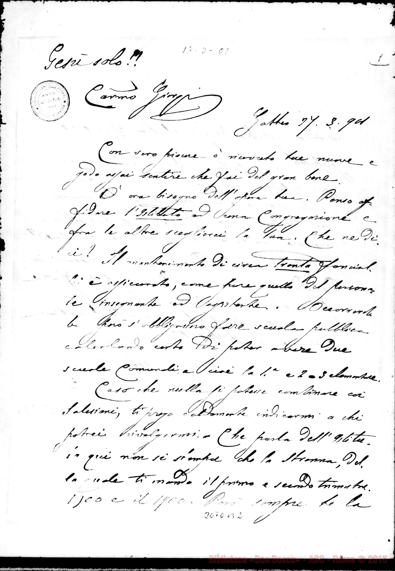 Fotogramma B 2 — D. Luigi Ghinelli - Carissimo Giorgi. Gatteo, 17-03-1901
