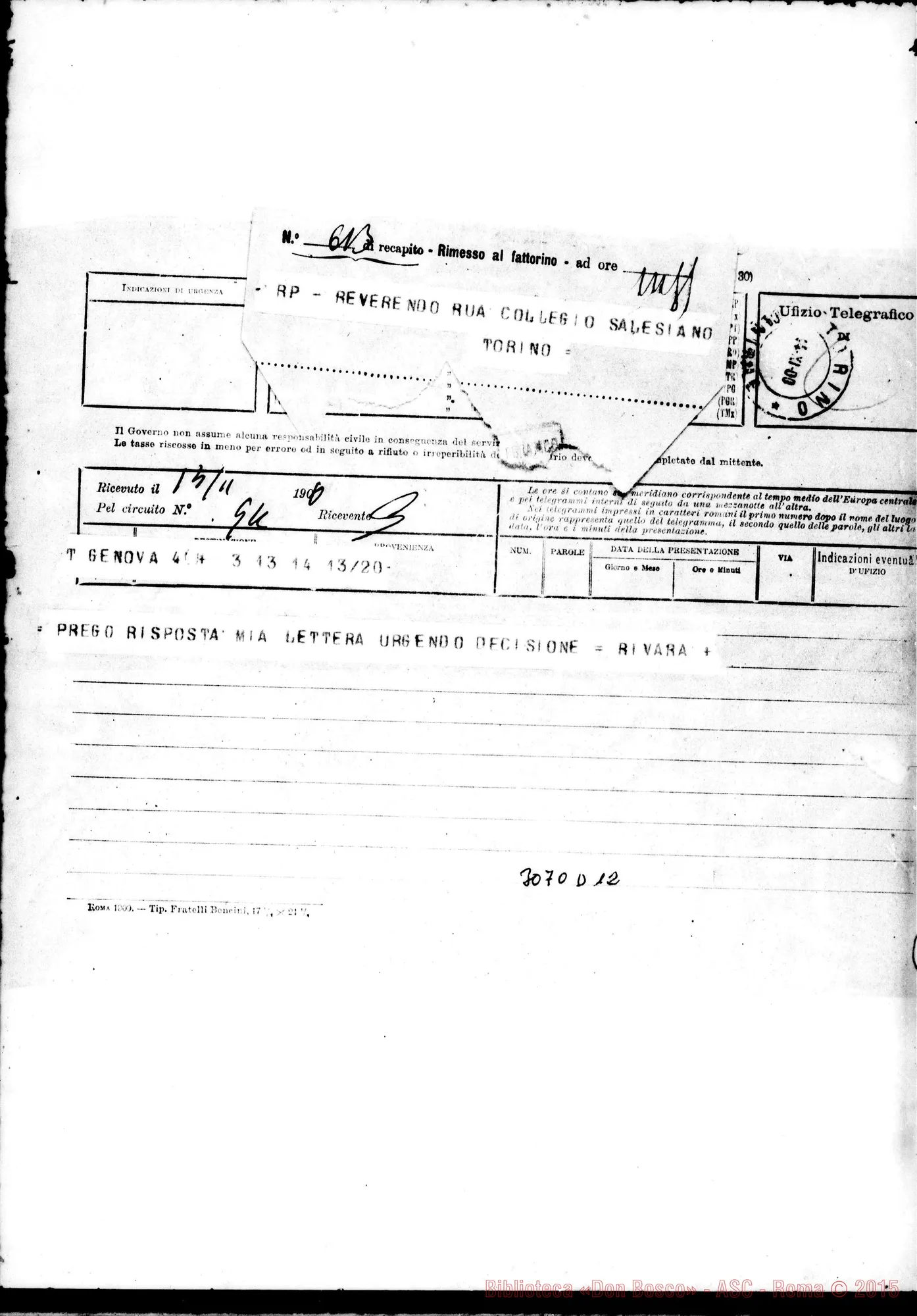 Fotogramma D 12 — Rivara - D. Rua. Telegramma