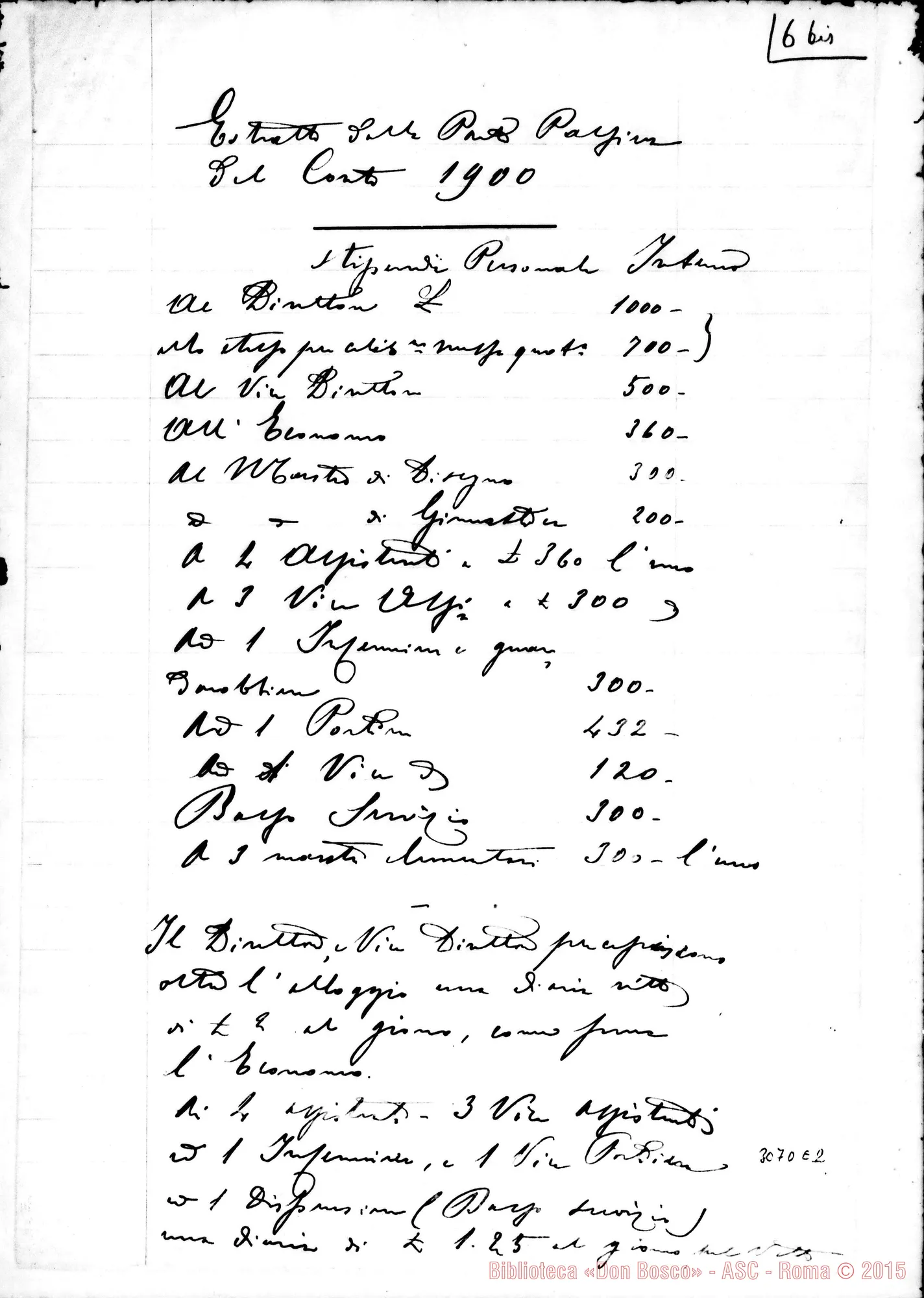 Fotogramma E 2 — Estratto della parte passiva del conto 1900