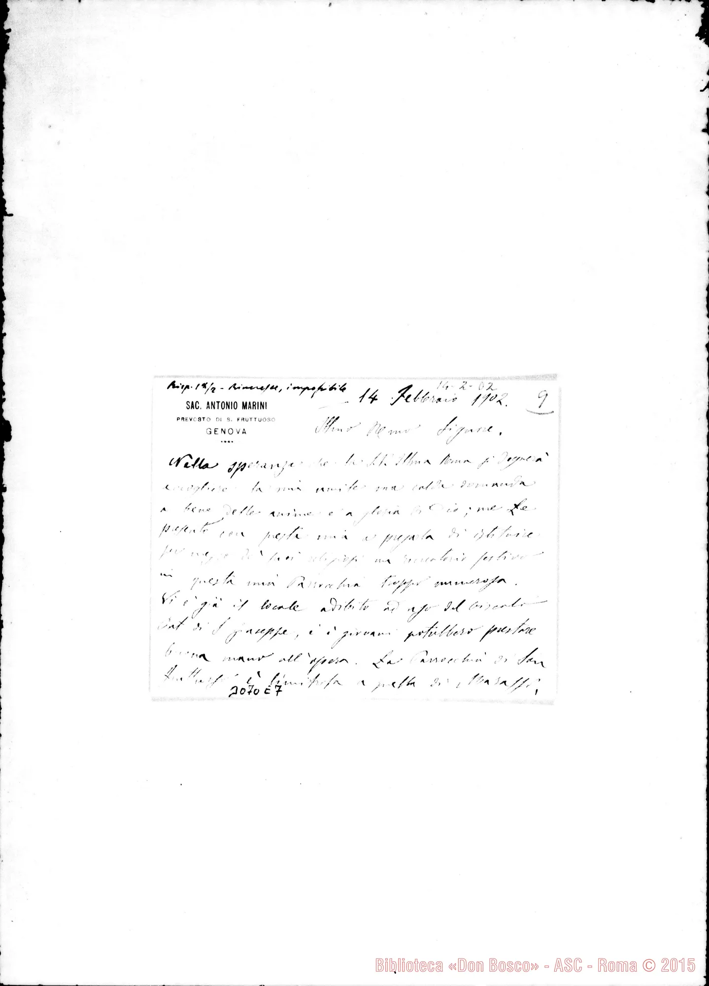 Fotogramma E 7 — D. Antonio Marini - Rev.mo Signore. Genova, 14-02-1902