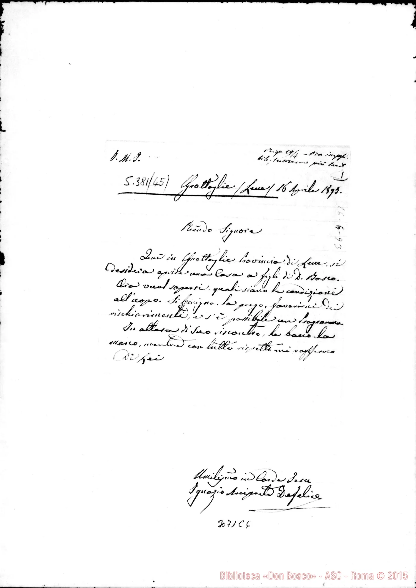 Fotogramma C 6 — Grottaglie: Ignazio Defelice, arciprete - Rev.do Signore. Grottaglie, 16-04-1897