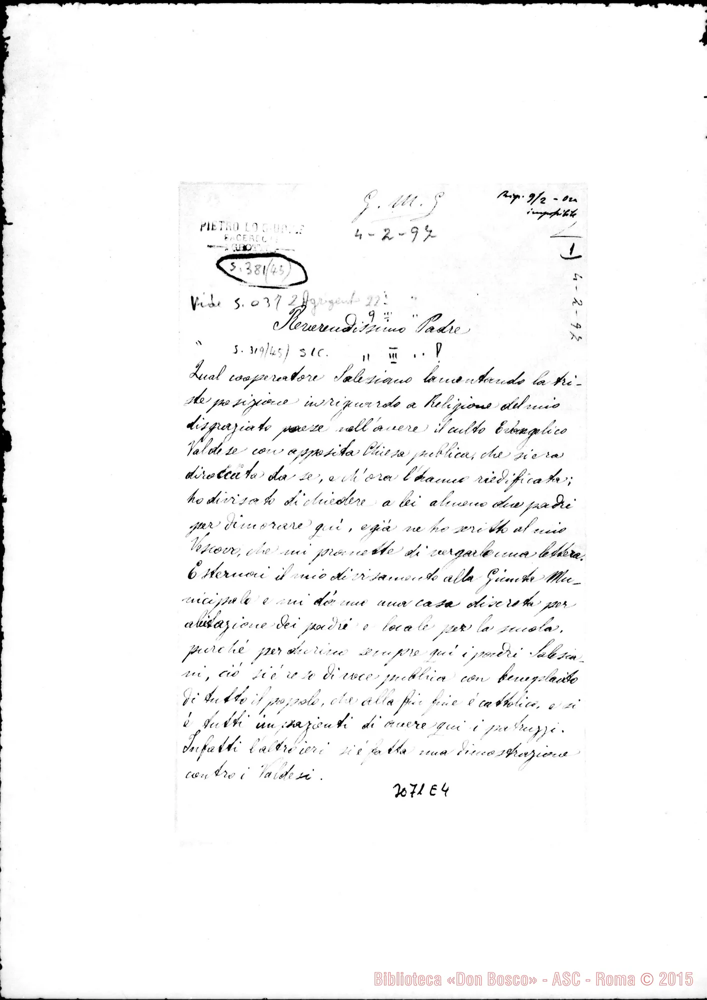 Fotogramma E 4 — Grotte: Sac. Pietro Lo Giudice - Rev.mo Padre. Grotte, 4-02-1897