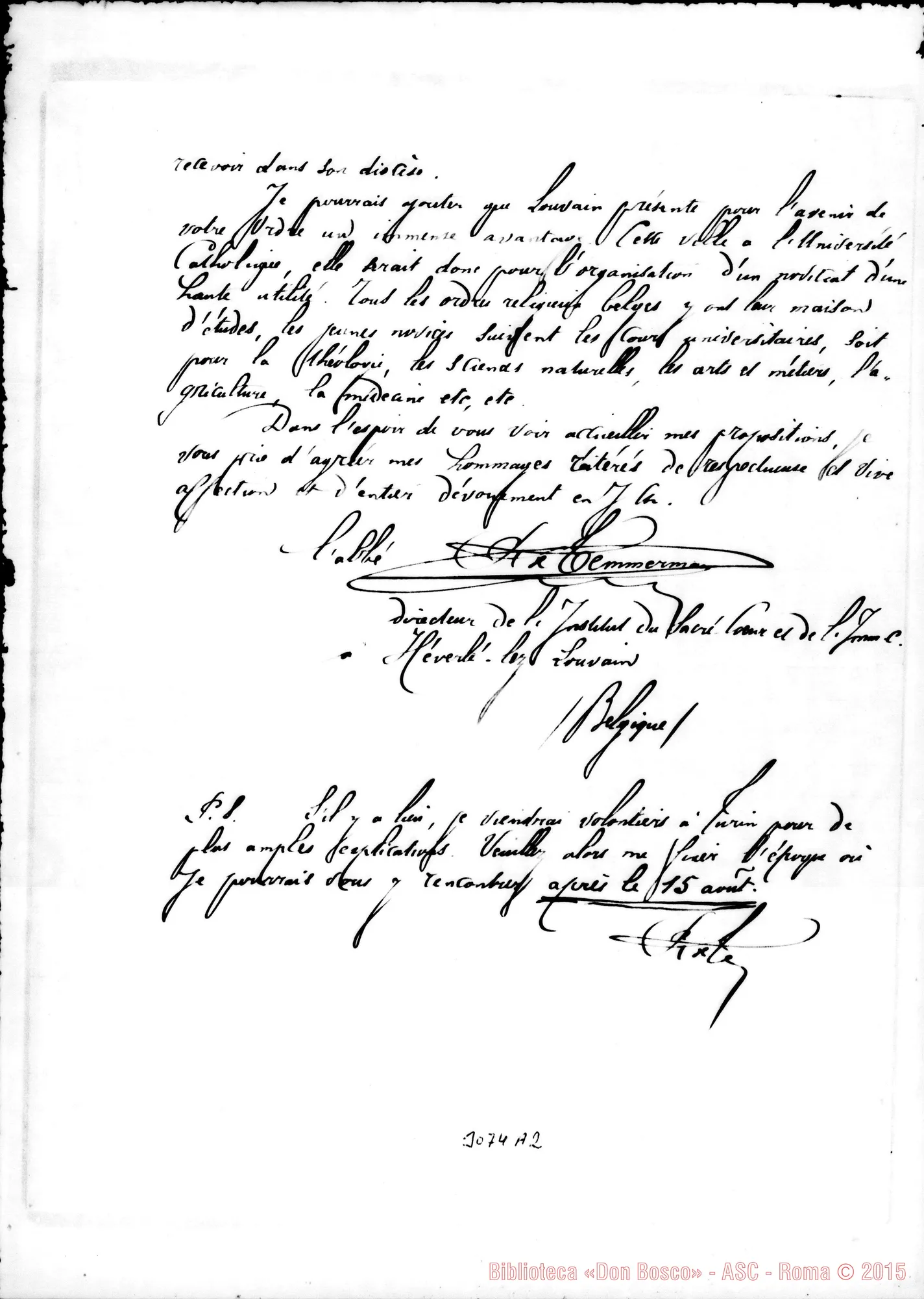 Fotogramma A 2 — L’Abbé Temmerman - Révérend Pére. Héverlé, 15-07-1896. Autogr. Rua