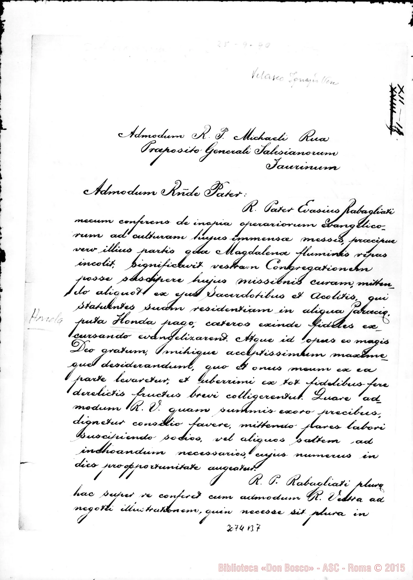 Fotogramma B 7 — Honda: Ignazio Velasco, vesc. di Bogotá - D. Rua. Sancta Fide de Bogotá, 25-09-1890. Autogr. Rua