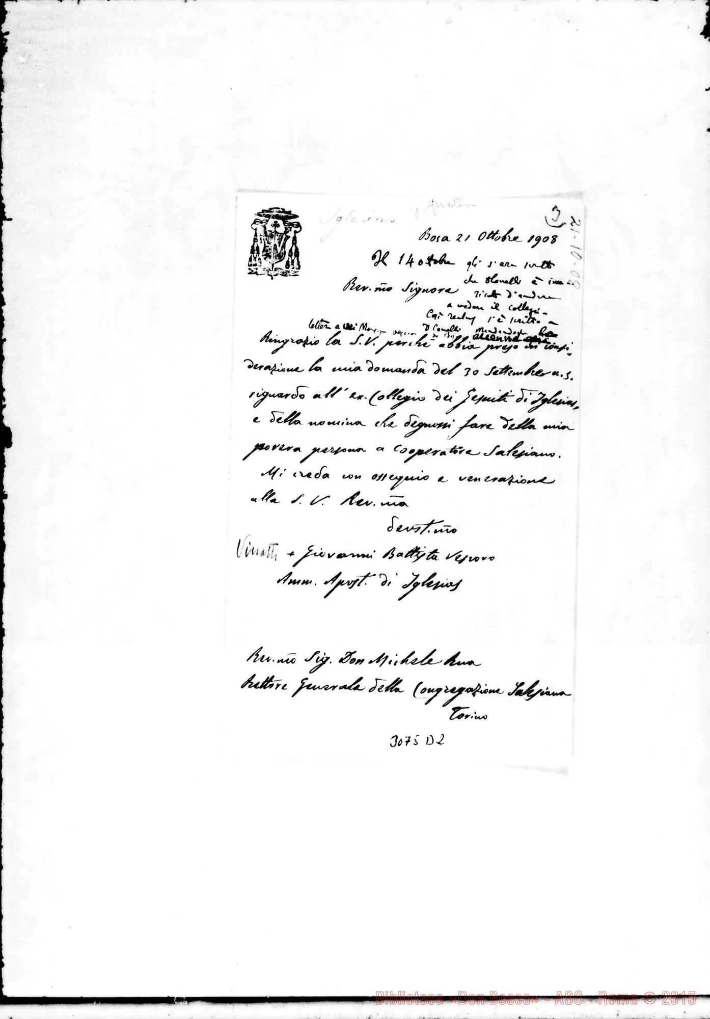 Fotogramma D 2 — Giov.Batt. Vinatti, vesc. amm. apost. di Iglesias - D. Rua. Bosa, 21-10-1908