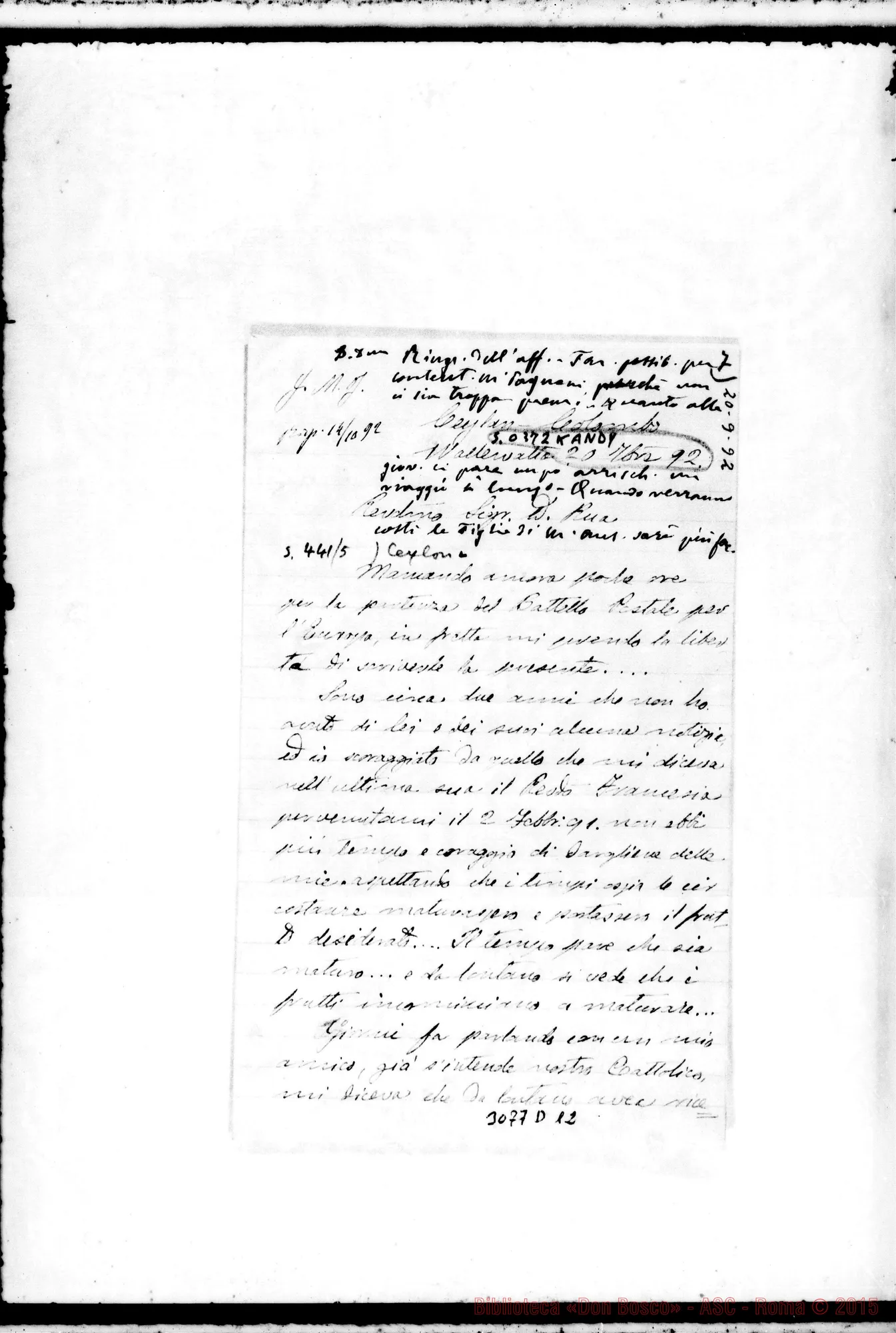 Fotogramma D 12 — C.M. Cardano - D. Rua. Ceylàn Colombo, 20-08-1892. Autogr. Rua