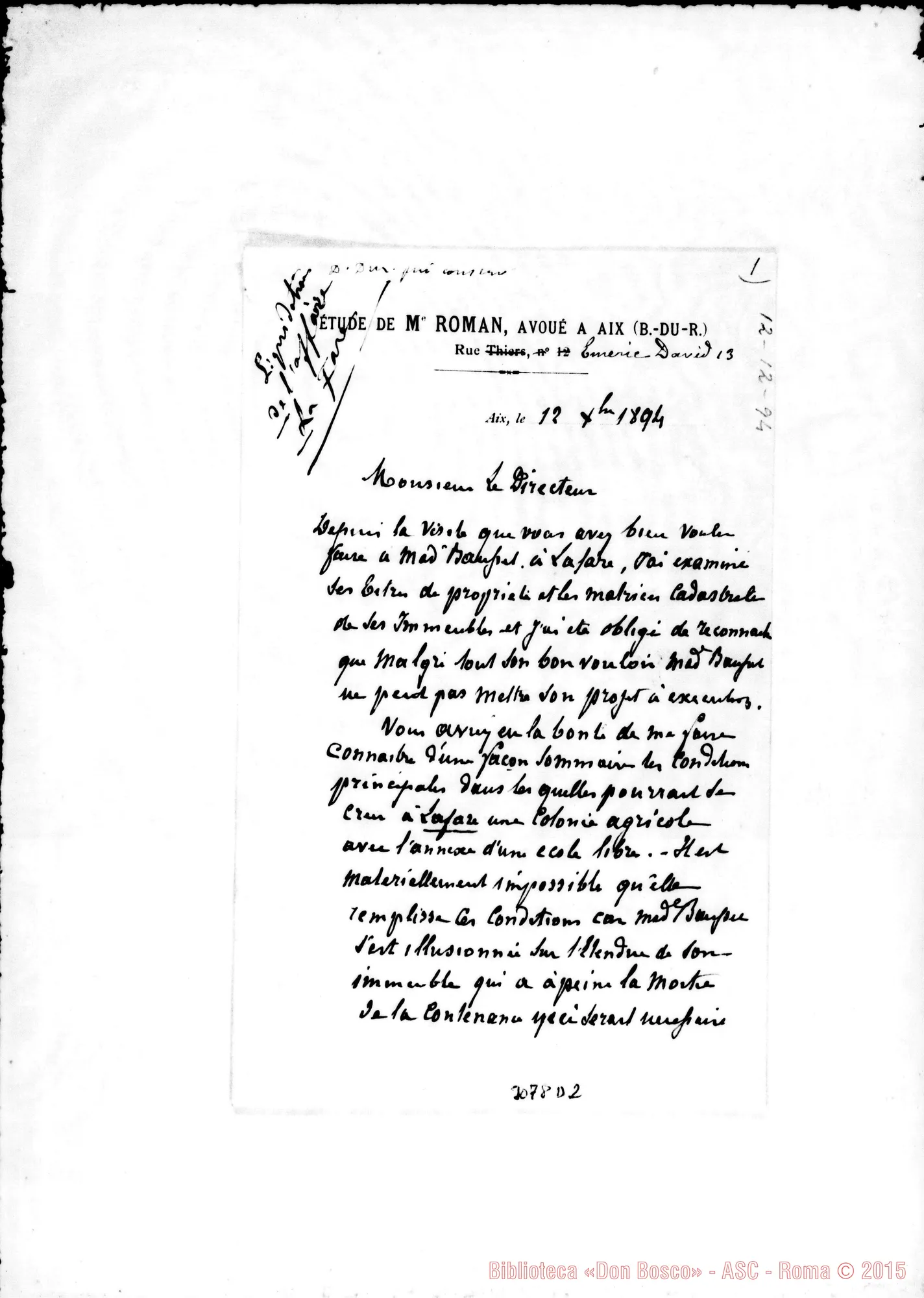 Fotogramma D 2 — Avv. M. Roman - Directeur. Aix, 12-12-1894. Autogr. Rua