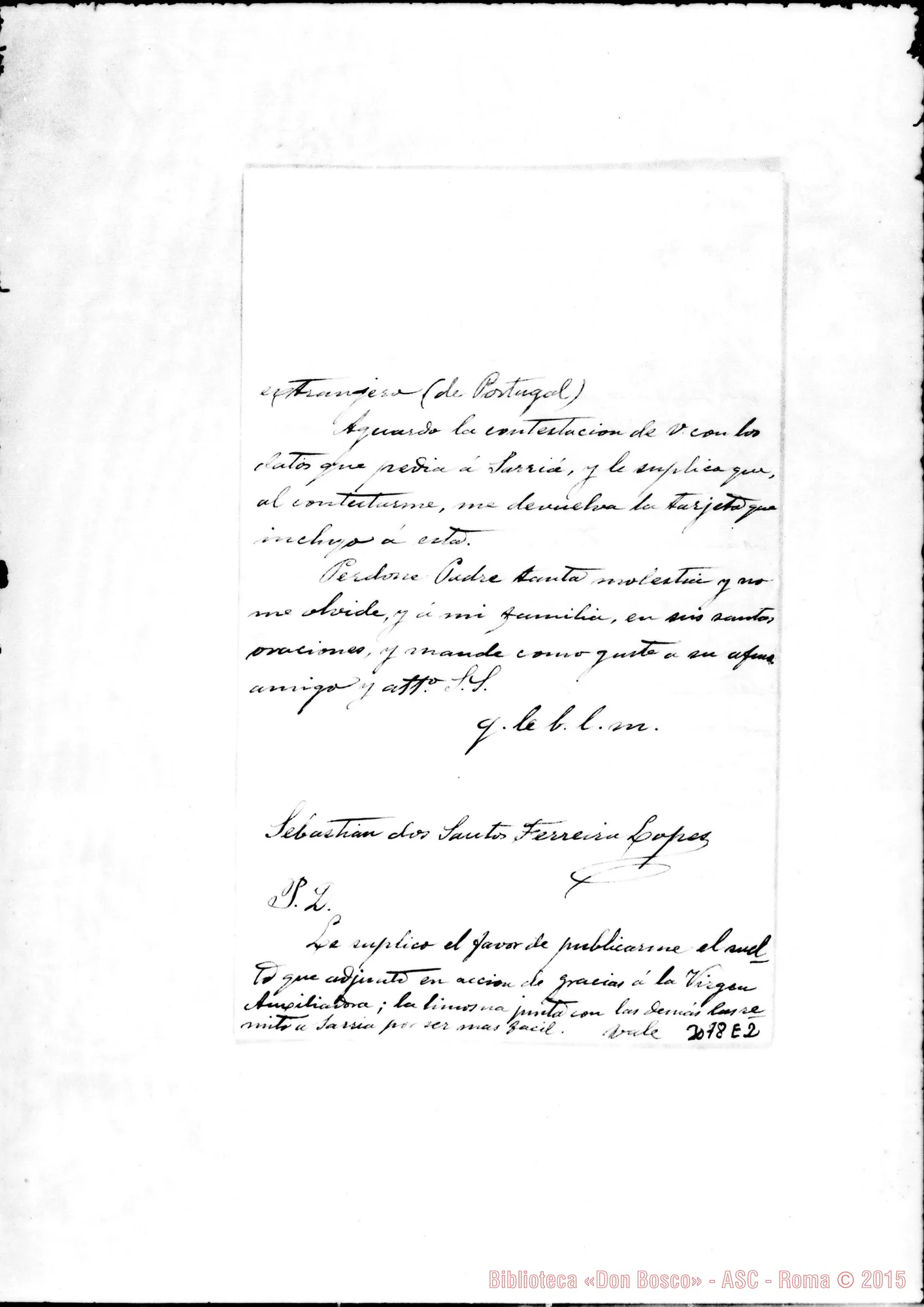 Fotogramma E 2 — Sebastián dos Santos Ferreira - D. Rua. Laguna, 10-02-1905. Autogr. Rua