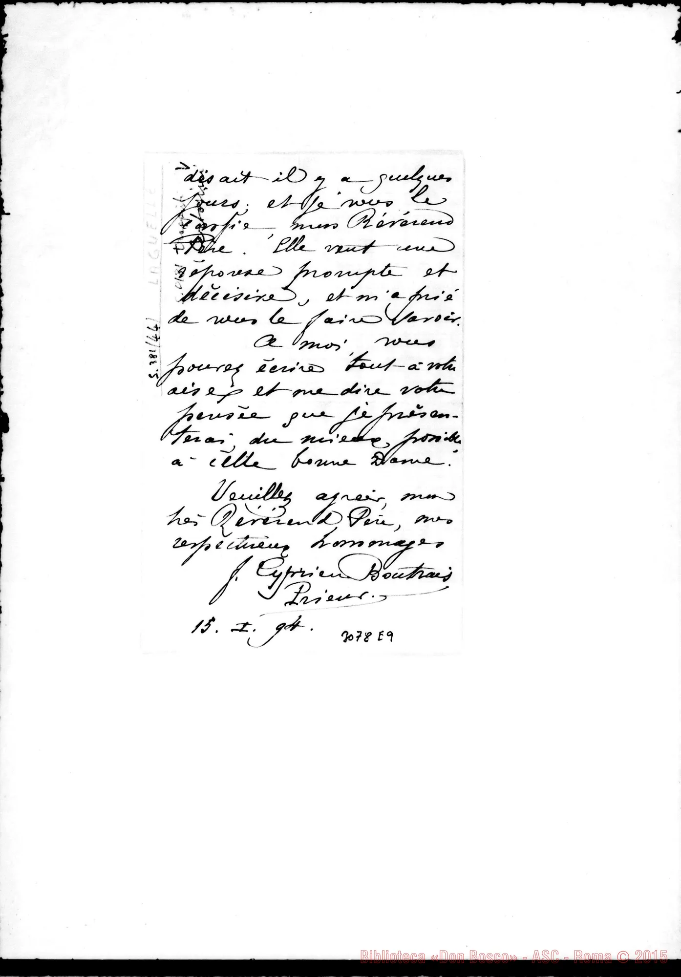 Fotogramma E 9 — Laguelle: Cyprien Boutrais, prieur - Révérend Pére. Chartreuse, 15-01-1894. Autogr. Rua