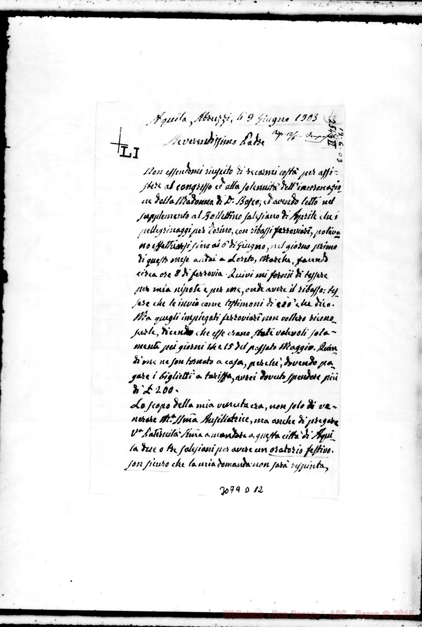 Fotogramma D 12 — Carmine Torlone, arciprete - Rev.do Padre. L’Aquila, 9-06-1903