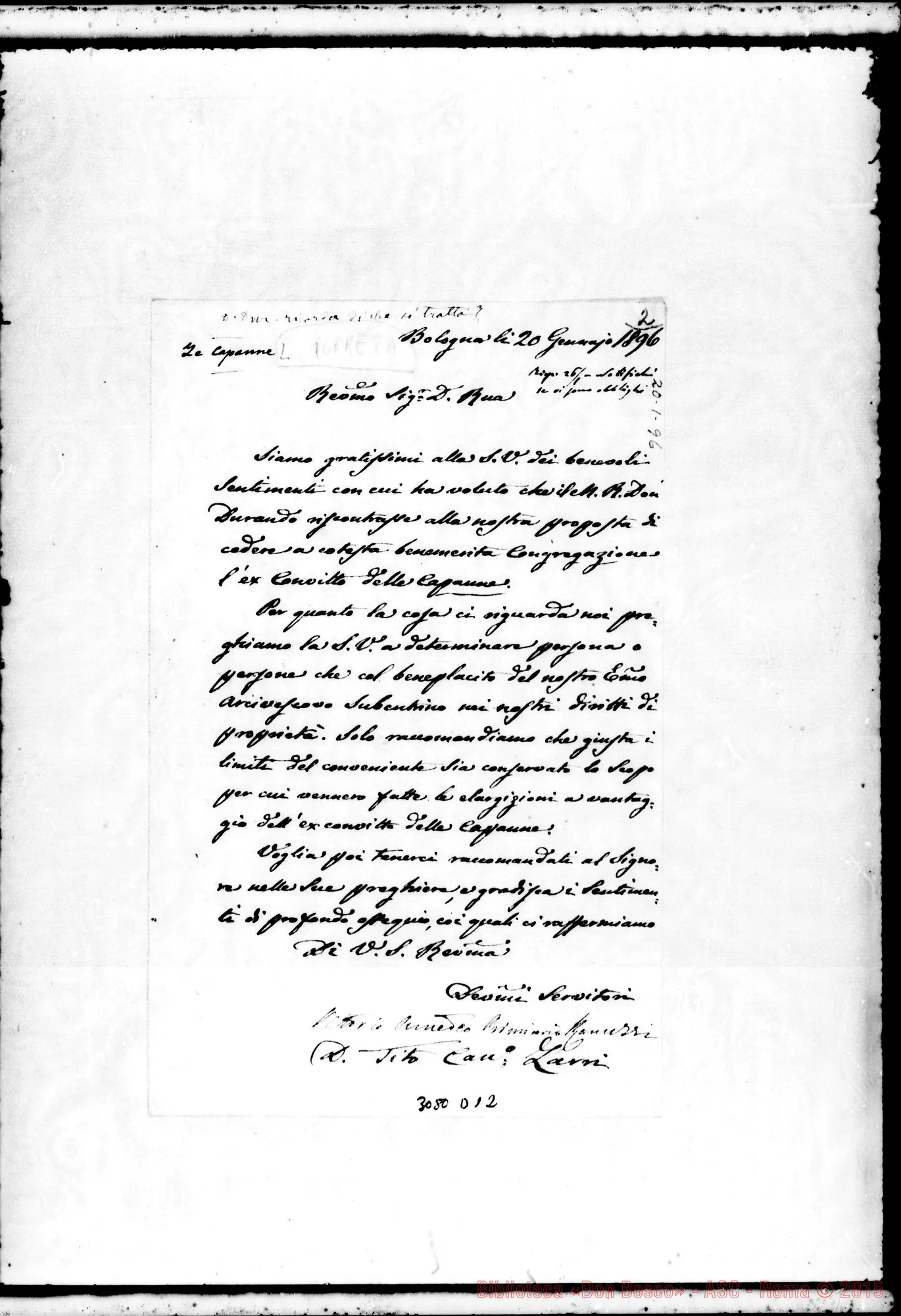 Fotogramma D 12 — D. Tito Can. Zarni - D. Rua. Bologna, 20-01-1896. Autogr. Rua