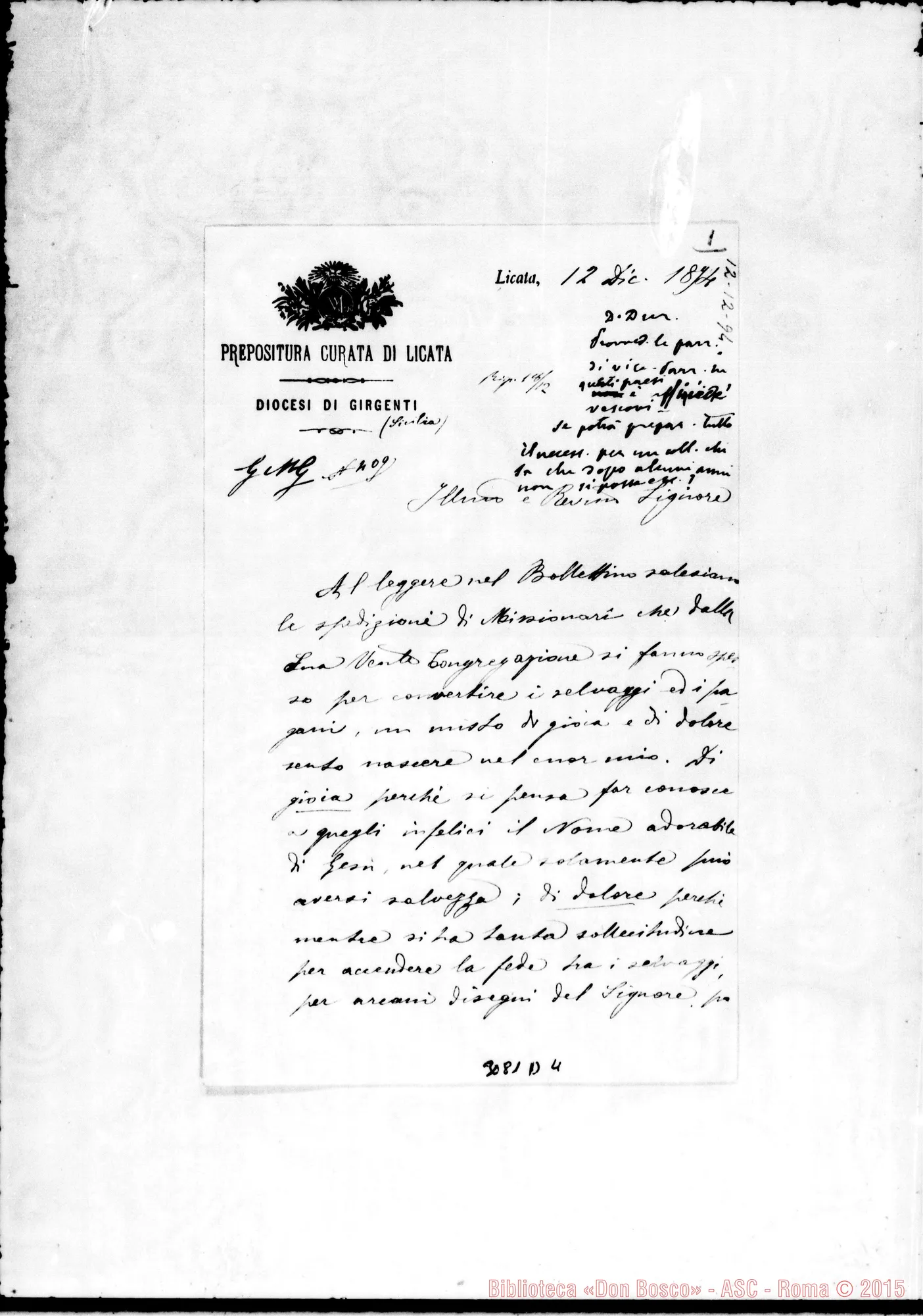 Fotogramma D 4 — Licata: Raimondo M. Dott. Incorvaia, parroco - D. Rua. Die.1894. Autogr. Rua
