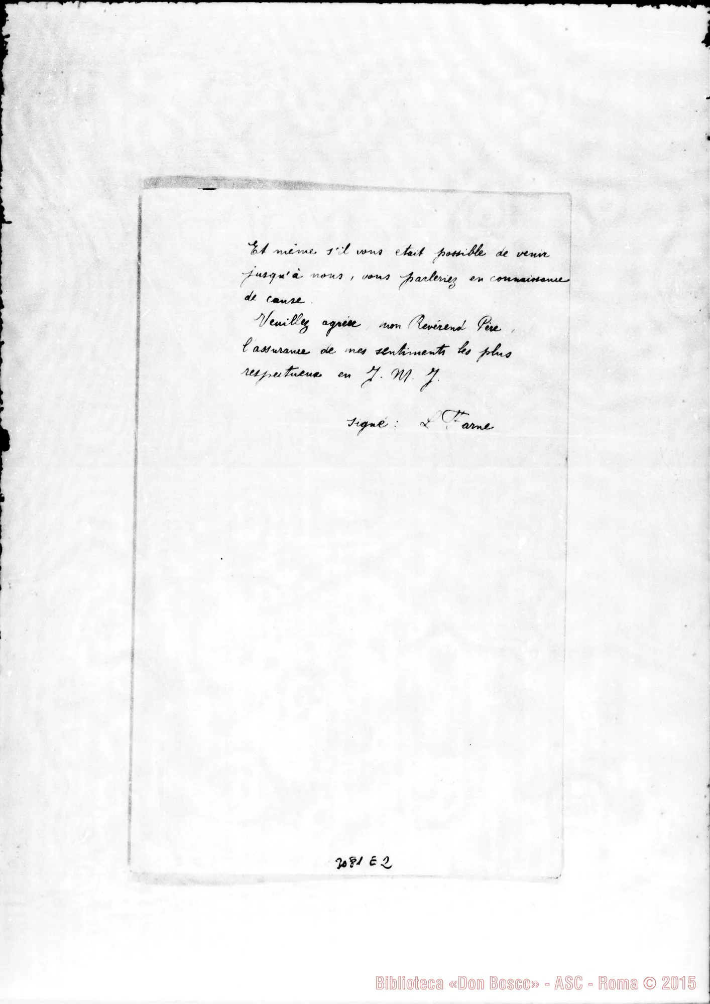 Fotogramma E 2 — L’Abbé Léon Farne - Révérend Pére. Copia della lettera precedente