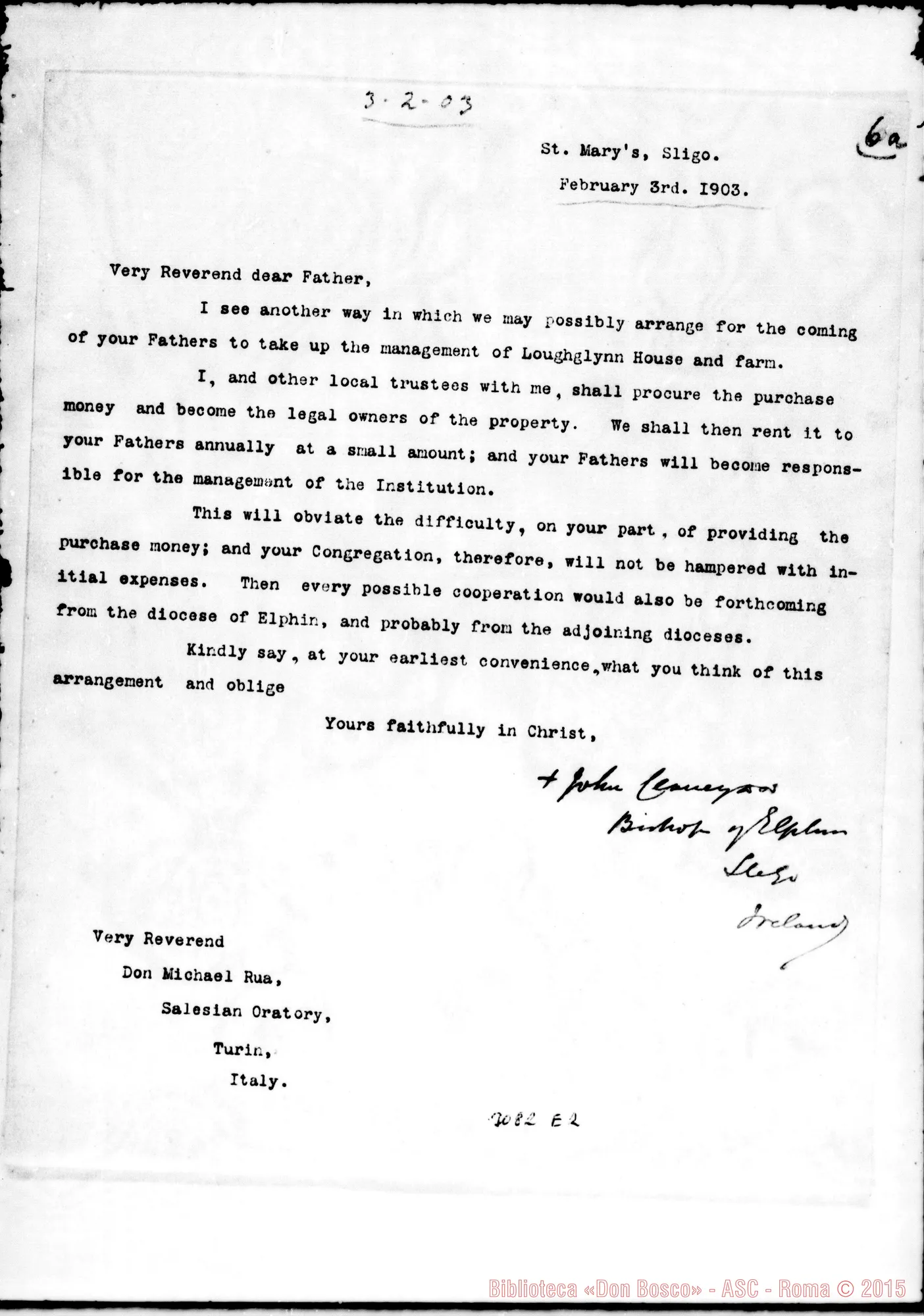 Fotogramma E 2 — Giovanni Clancy, vesc. - D. Rua. Lettera E traduzione. Sligo, 3-02-1903
