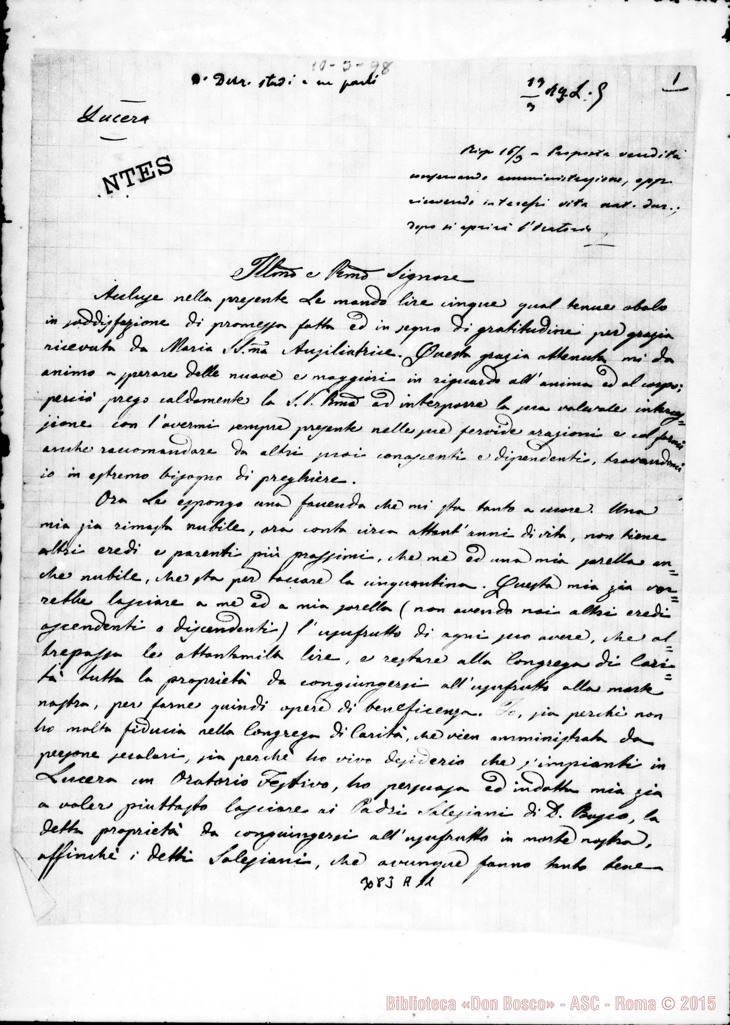 Fotogramma A 11 — Alfonso Venditti, can. - Rev.mo Sig.. Lucera, 10-03-1898. Autogr. Rua