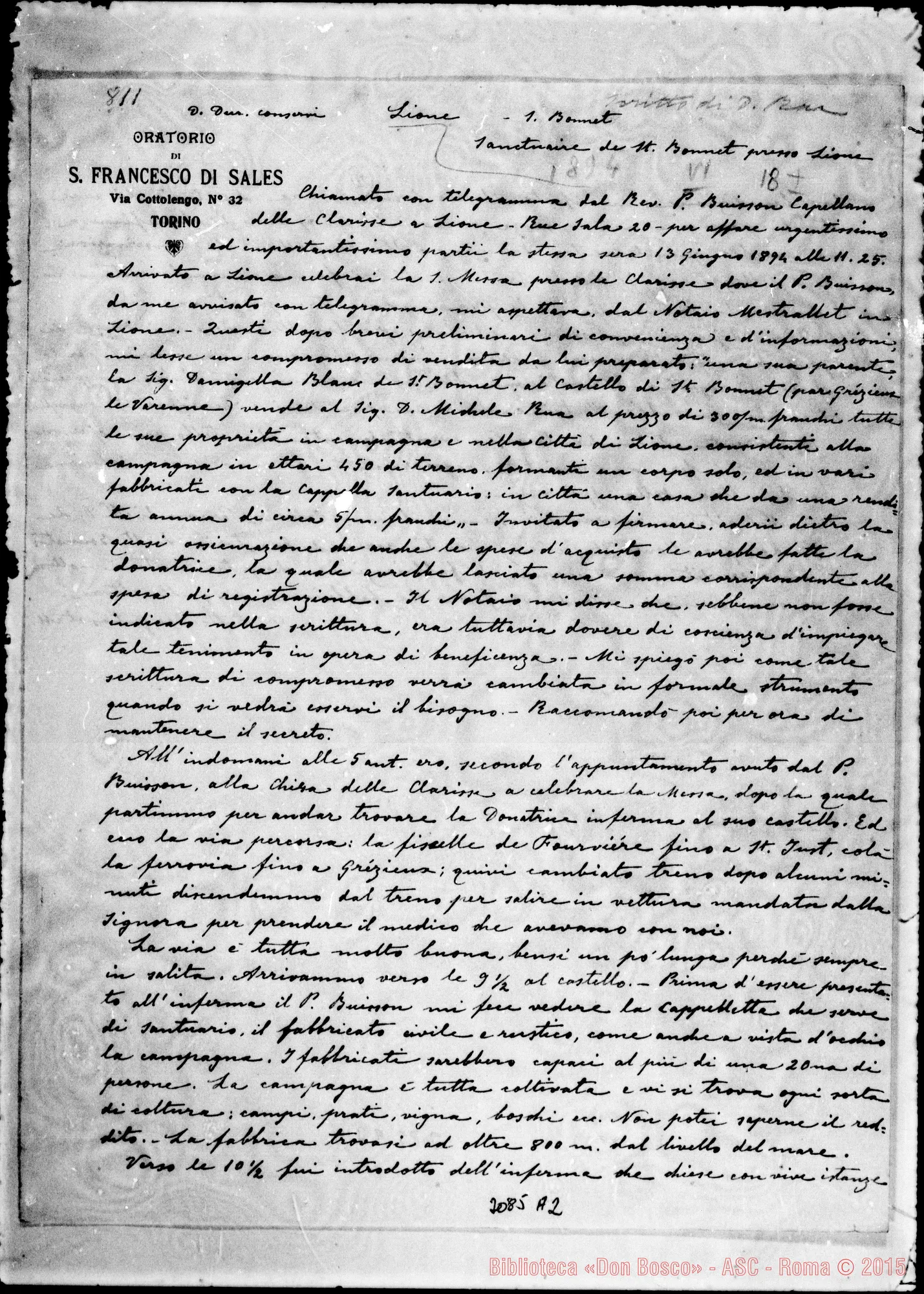 Fotogramma A 2 — D. Rua - Santuario di S. Bonnet presso Lione. Copia di lettera. Autogr. Rua