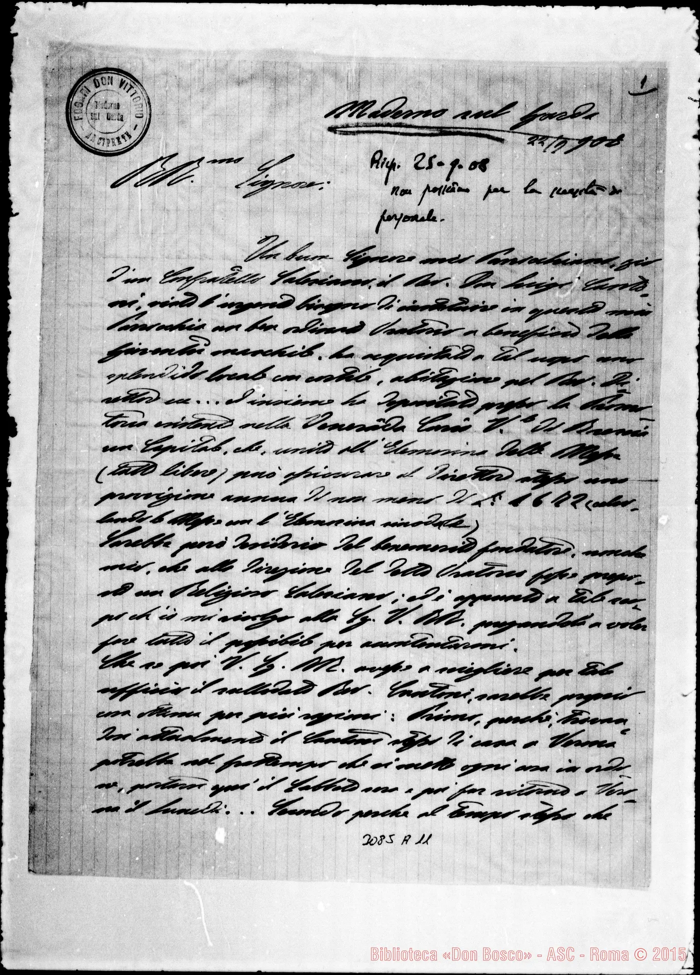 Fotogramma A 11 — Maderno sul Garda: Fogari D. Vittorio - Rev.mo Sig.. Maderno, 22-09-1908