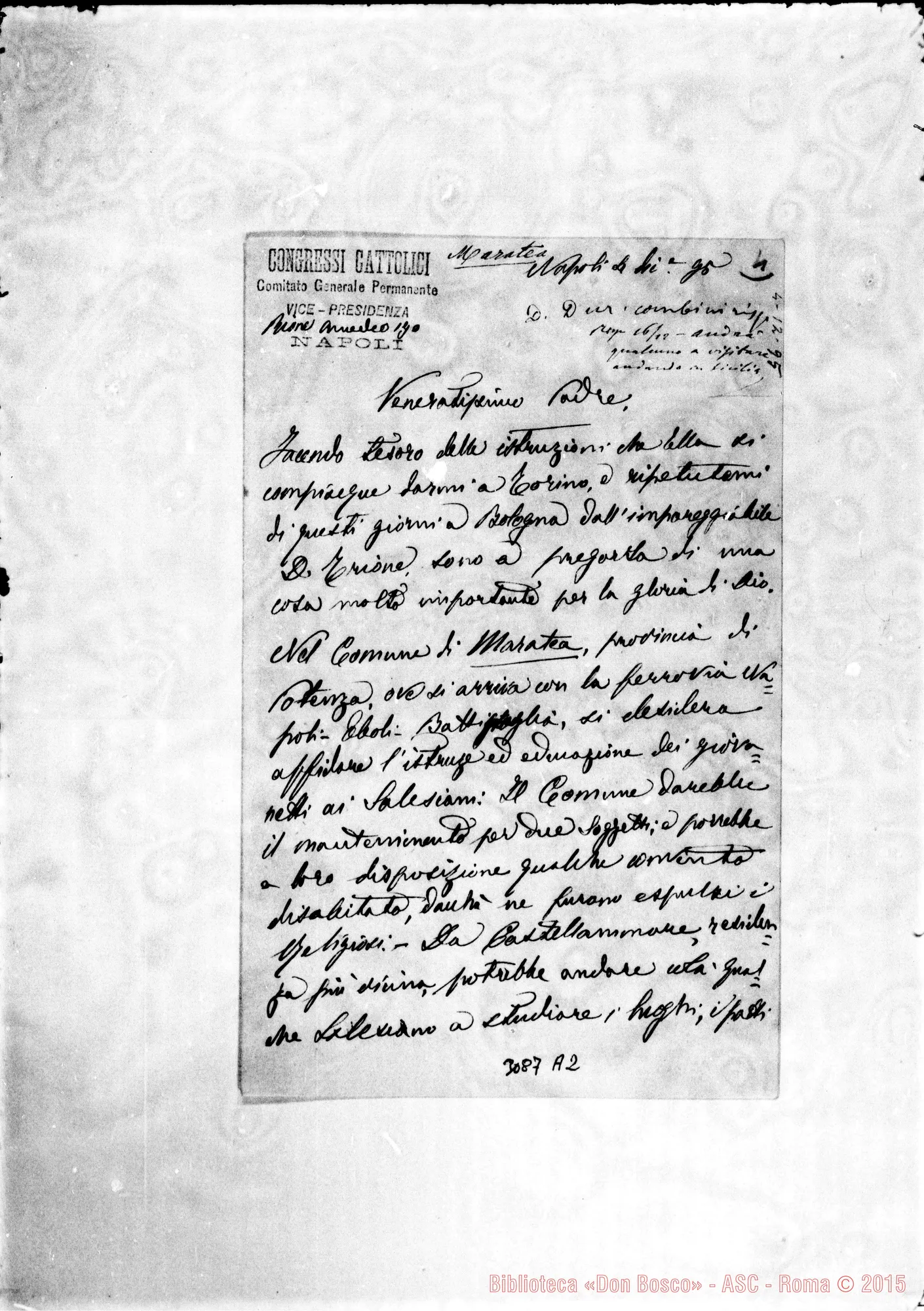 Fotogramma A 2 — Congressi Cattolici - D. Rua. Napoli, 4-12-1895. Autogr. Rua