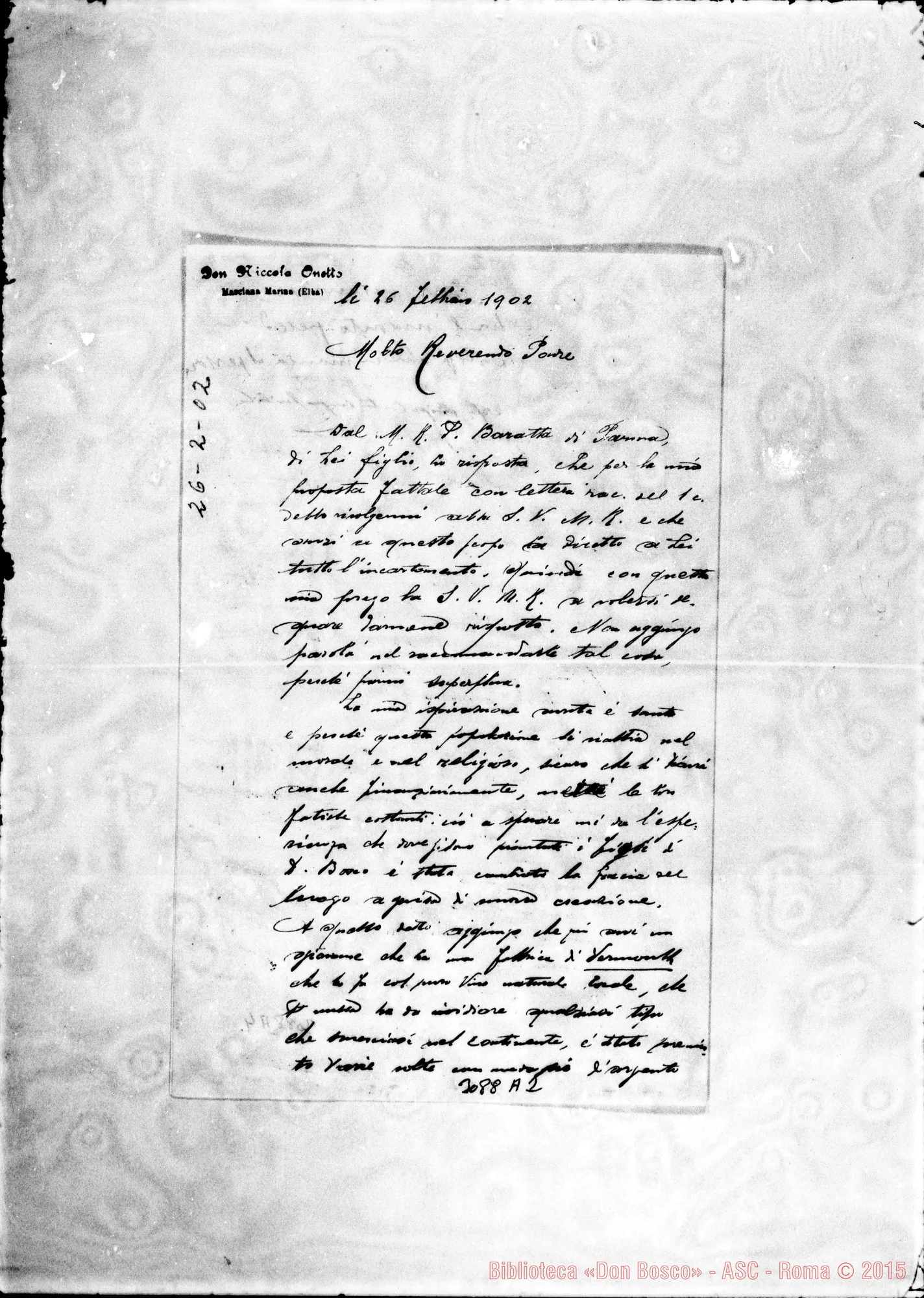 Fotogramma A 2 — D. Nicola Onetto - Rev.do Padre, il 26-02-1902. Autogr. Rua