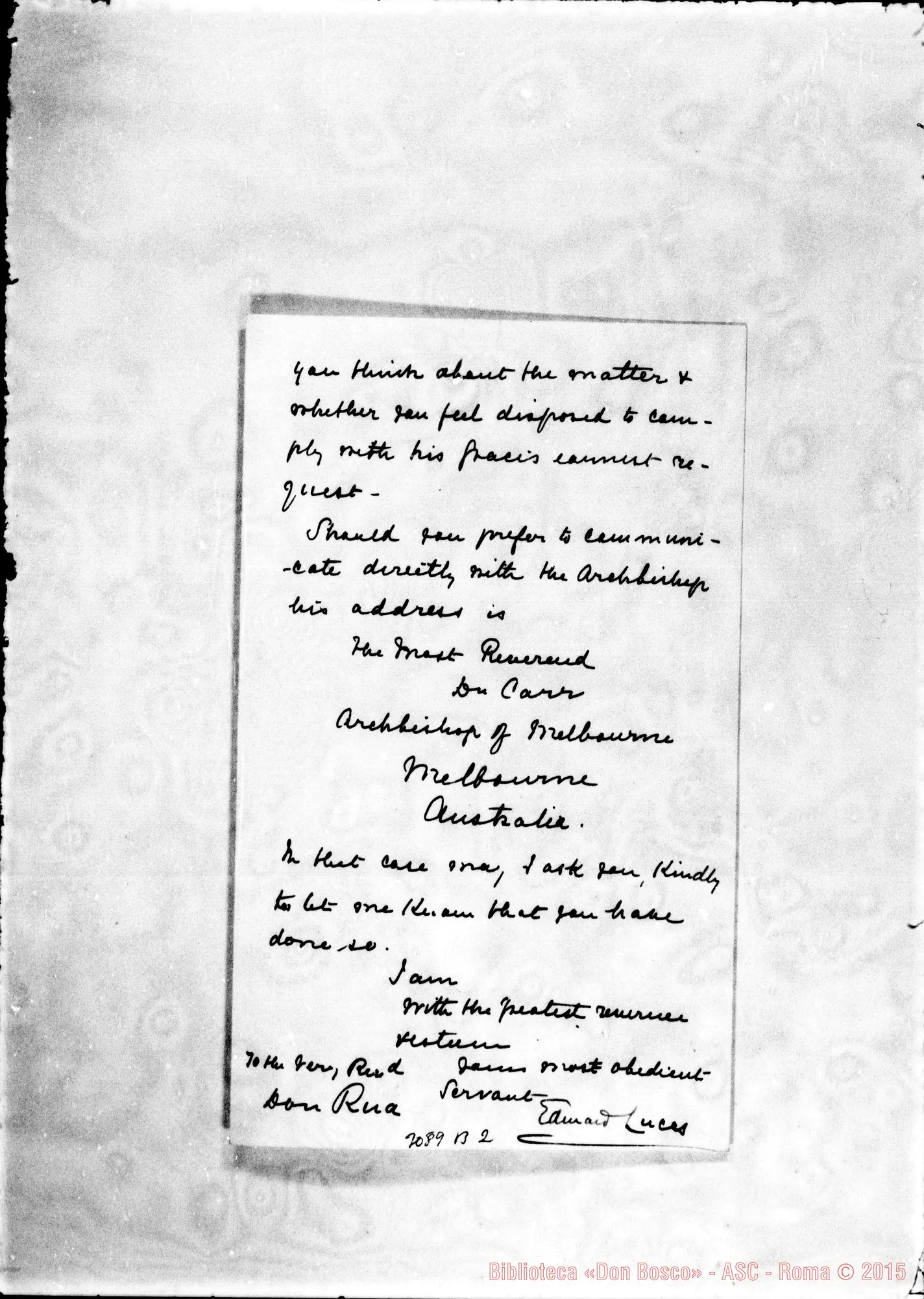 Fotogramma B 2 — Melbourne: Edouard Lucas - D. Rua. London, 7-02-1891. Autogr. Rua