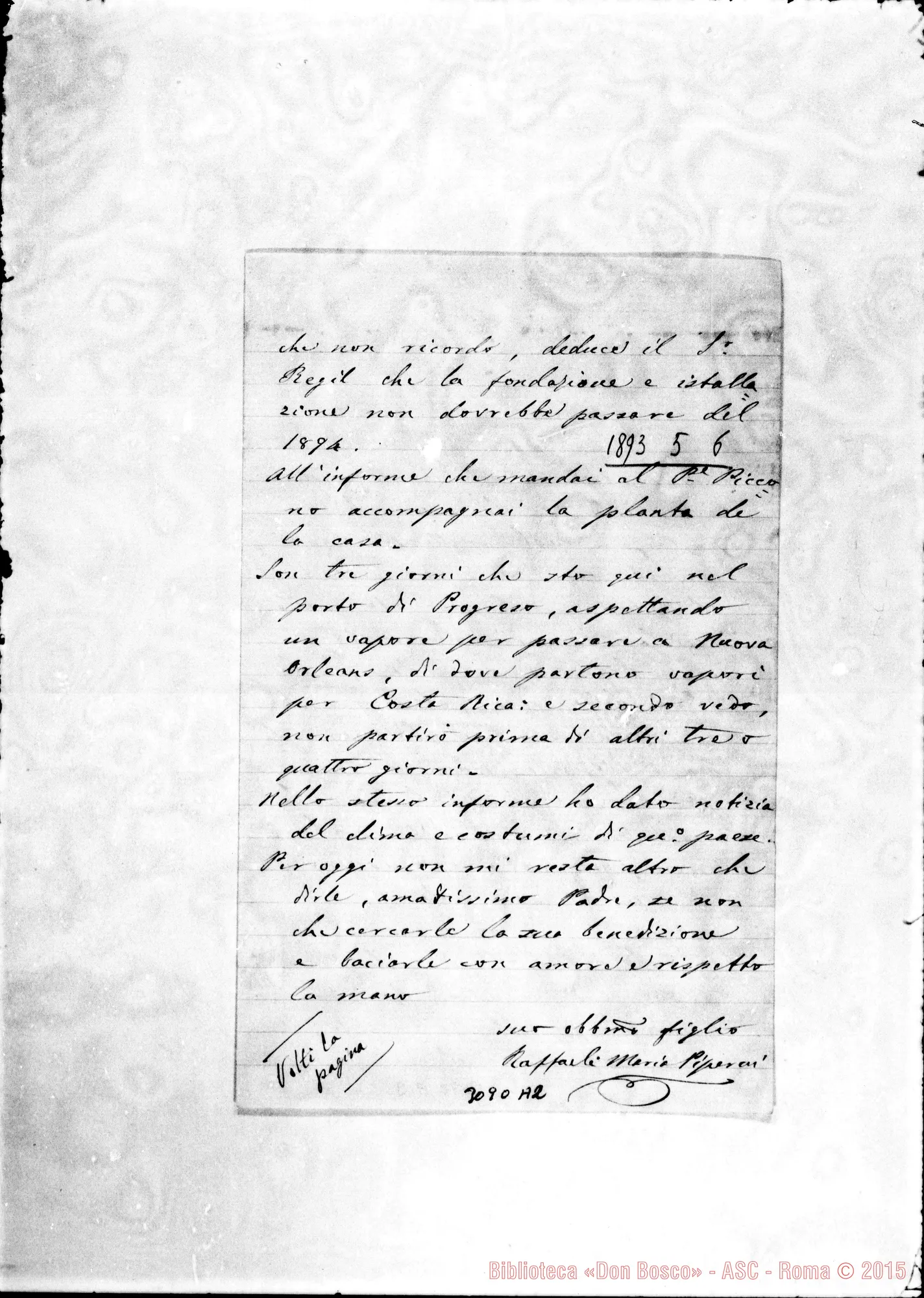 Fotogramma A 2 — Rafael Piperni - D. Rua. Puerto Progreso, 6-05-1893. Autogr. Rua