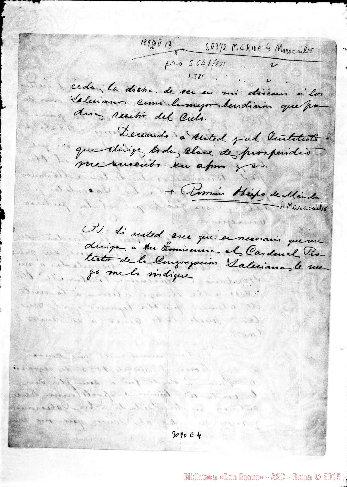 Fotogramma E 4 — Mérida (Maracaibo): Román Lovera, vesc. di Mérida - D. Rua. Febb.1892. Autogr. Rua