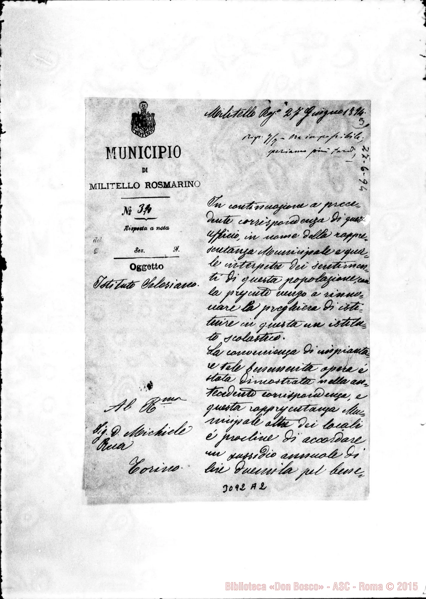 Fotogramma A 2 — Sindaco di Militello - D. Rua. Militello, 27-06-1894
