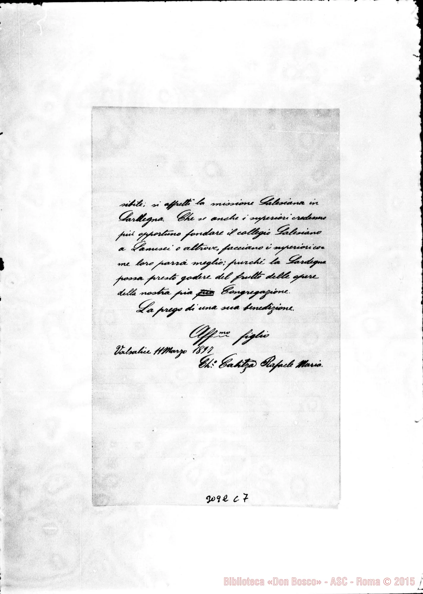 Fotogramma C 7 — Mogoro: Cabitza Raffaele Maria, ch. - D. Rua. Valsalice, 11-03-1897. Autogr. Rua