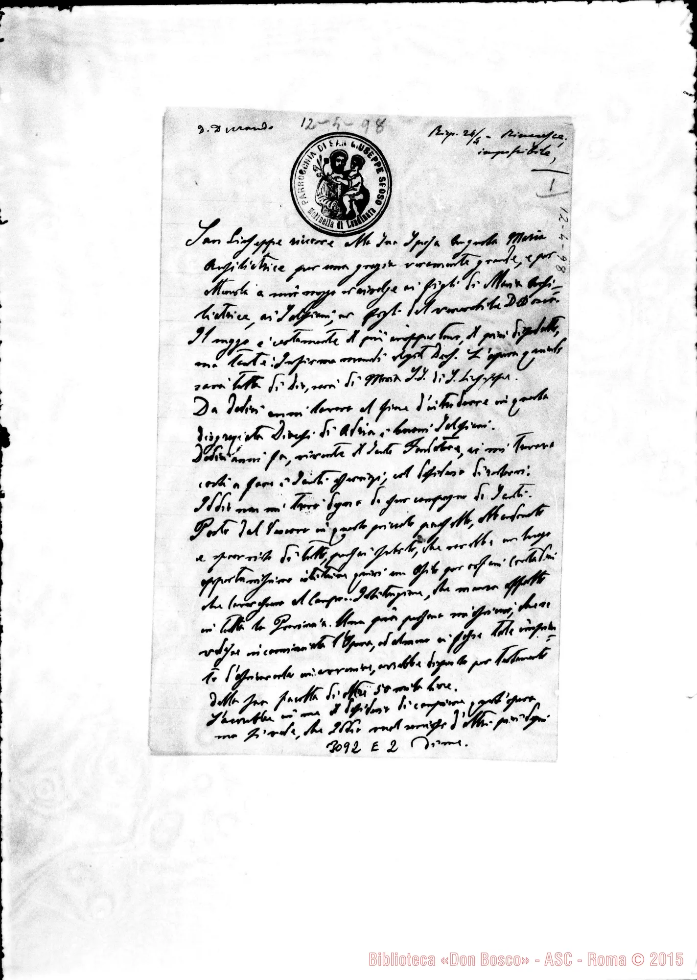 Fotogramma E 2 — Molinella:D. Giuseppe Morelli, parroco. Per una fondazione. Apr.1898