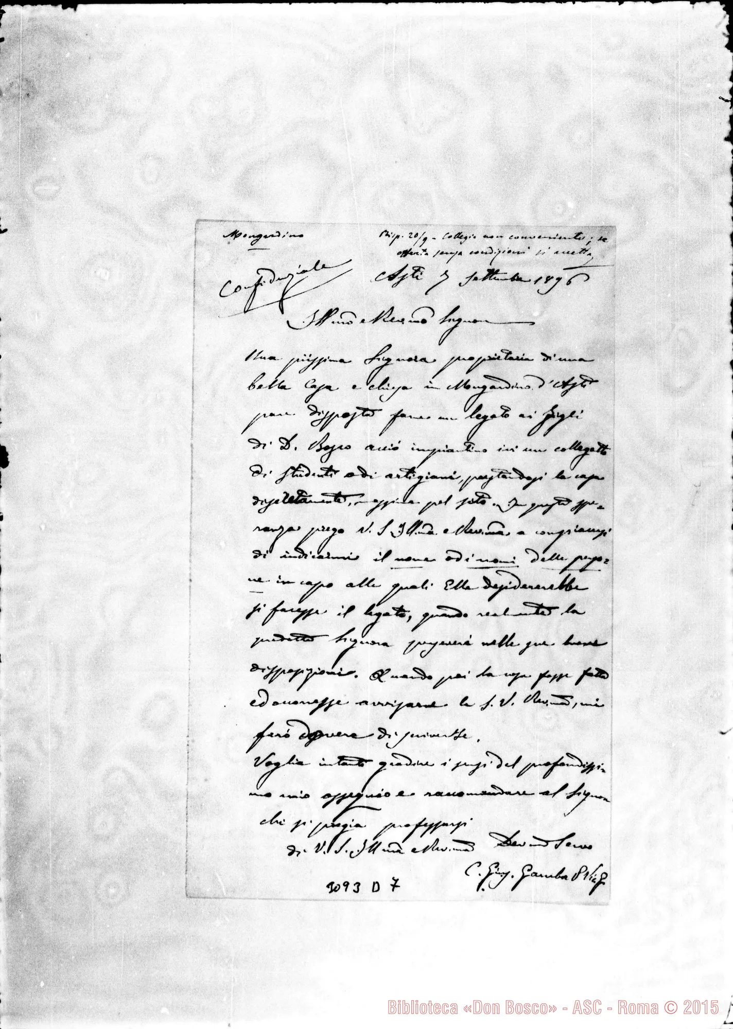 Fotogramma D 7 — Mongardino: Can. Giuseppe Gamba, vie.gen. - Rev.do Sig.. Asti, 7-09-1896