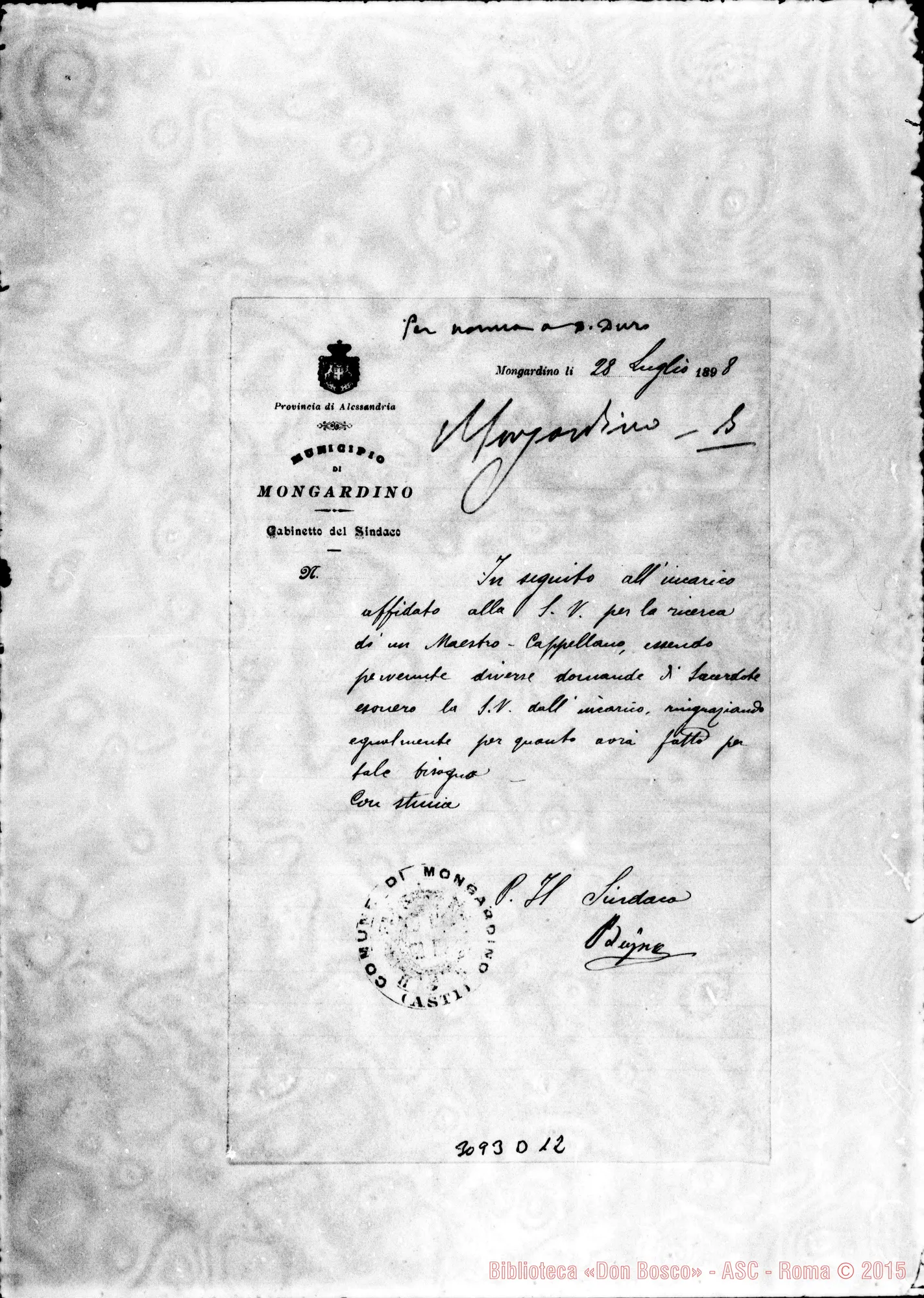 Fotogramma D 12 — Dal Municipio di Mongardino, il 28-07-1898. Autogr. Rua