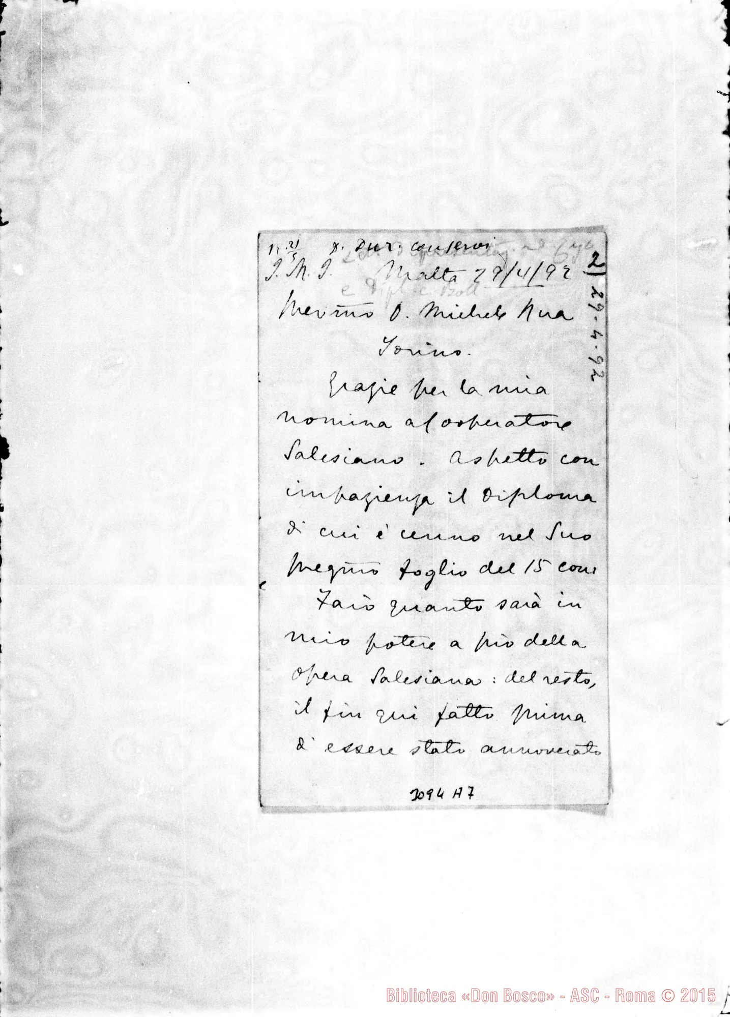 Fotogramma A 7 — Mizzi - D. Rua. Malta, 29-04-1892. Autogr. Rua