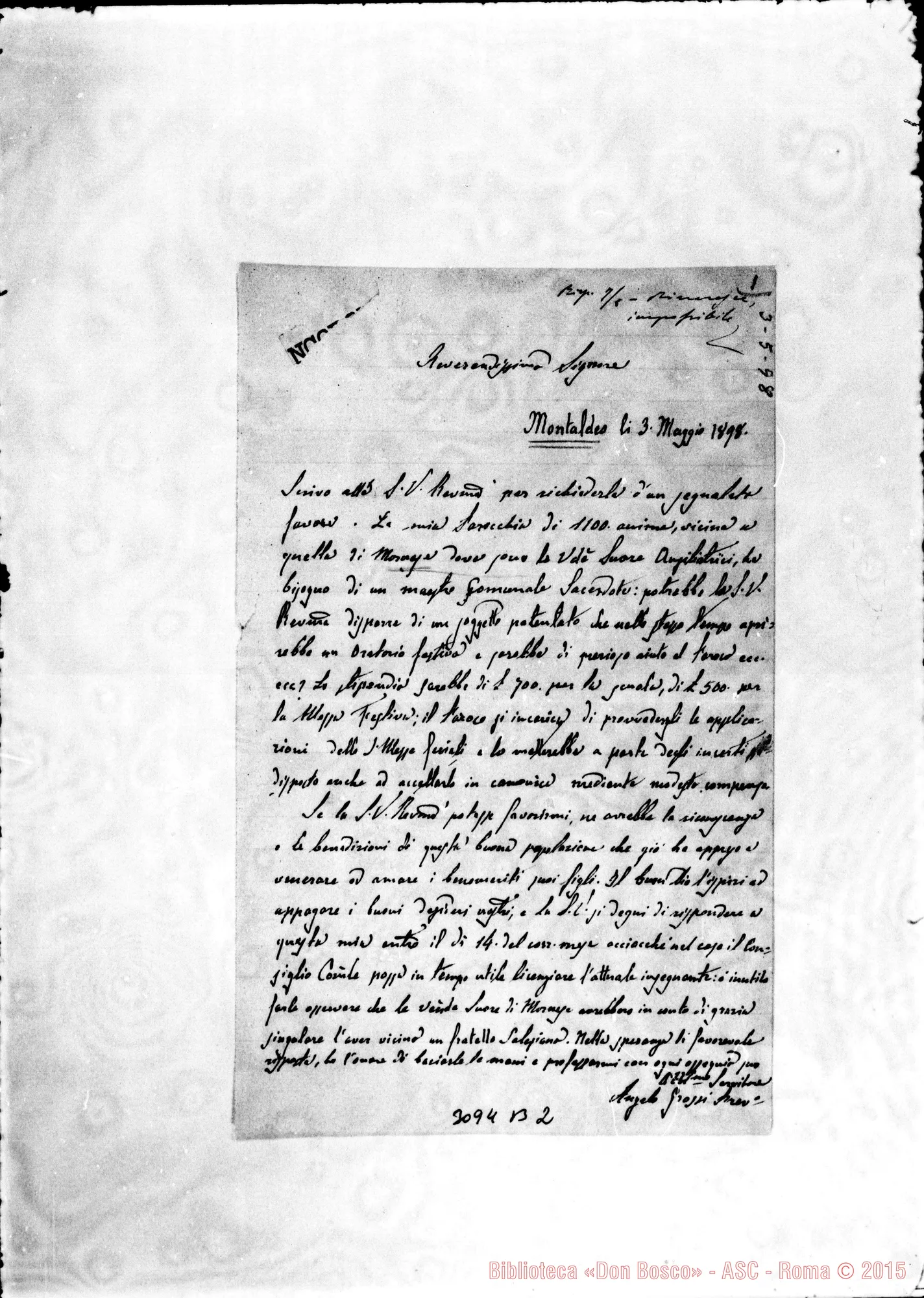 Fotogramma B 2 — Montaldeo:Angelo Grossi, prevosto - Rev.mo Sig.. Montaldeo, 3-05-1898