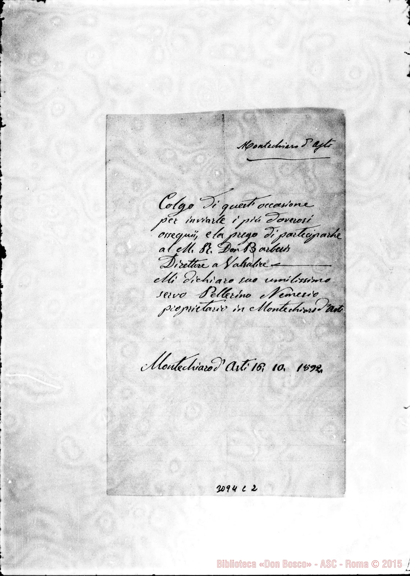 Fotogramma C 2 — Montechiaro: Pellerino Nemesio - Rev.mo Signore. Montechiaro d’Asti, 16-10-1892