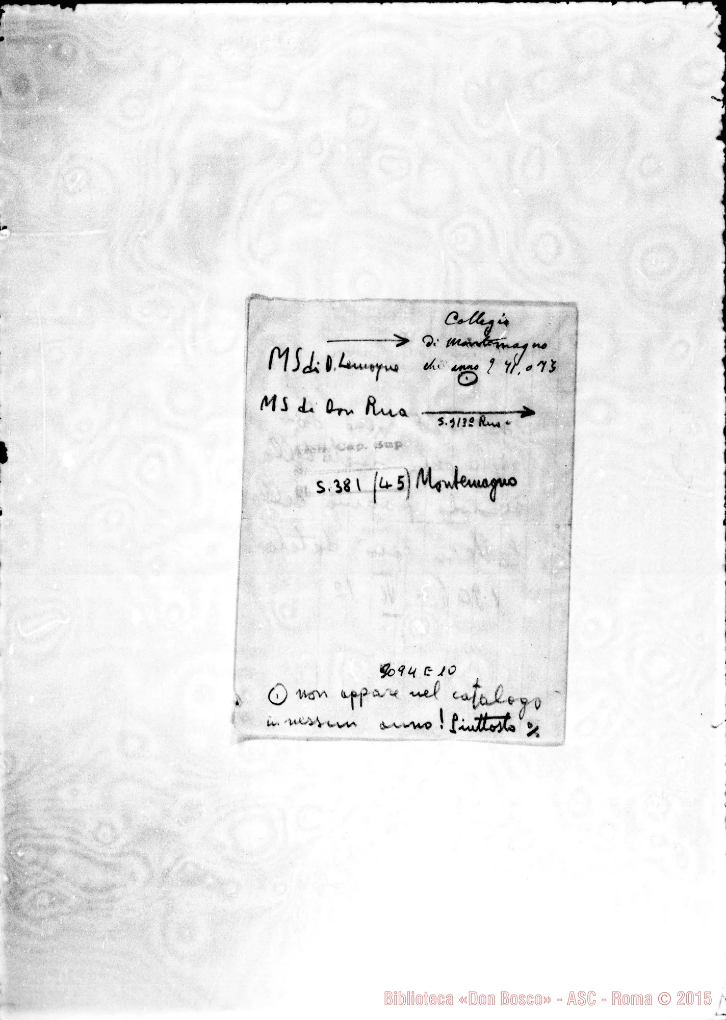 Fotogramma E 10 — Appunti ms. autografi D. Rua sulla Casa di Montemagno