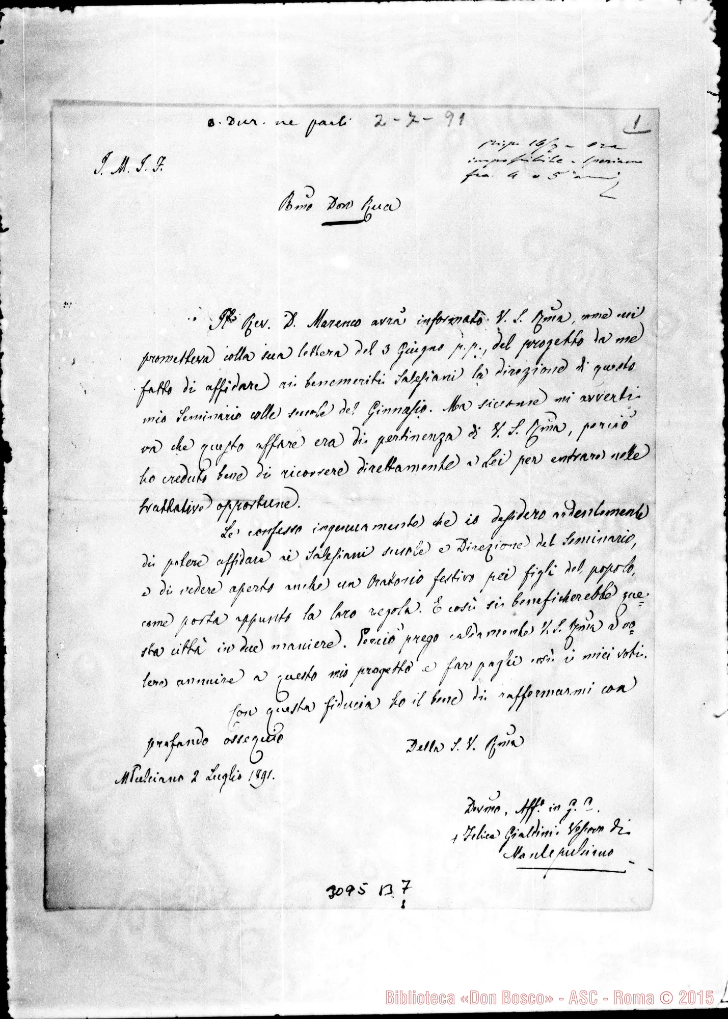 Fotogramma B 7 — Montepulciano: Felice Gialdini, vesc. di Montepulciano - D. Rua. Sett.1891. Autogr. Rua